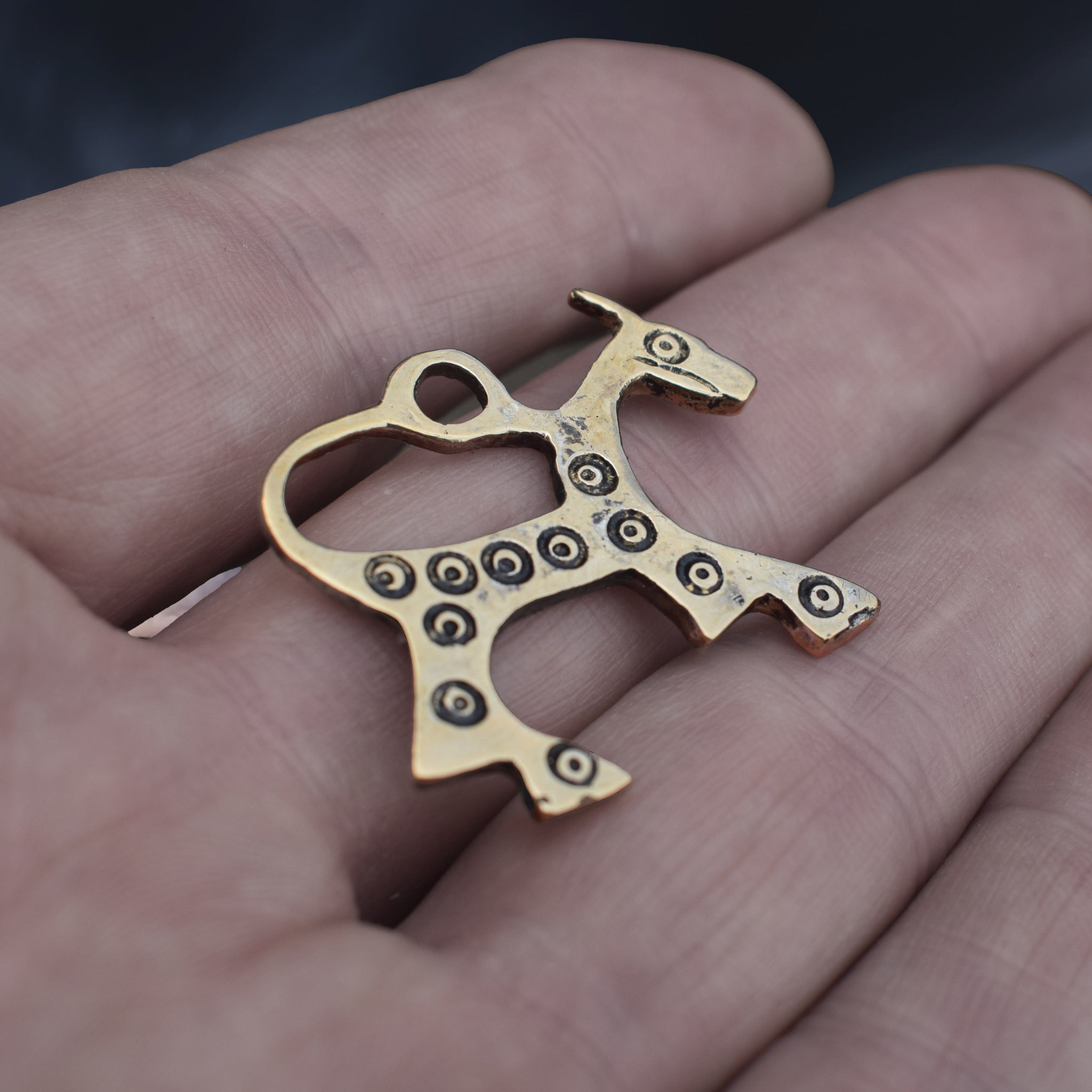 Bronze Replica Viking Horse Pendant from Novgorod on Hand - Angle View