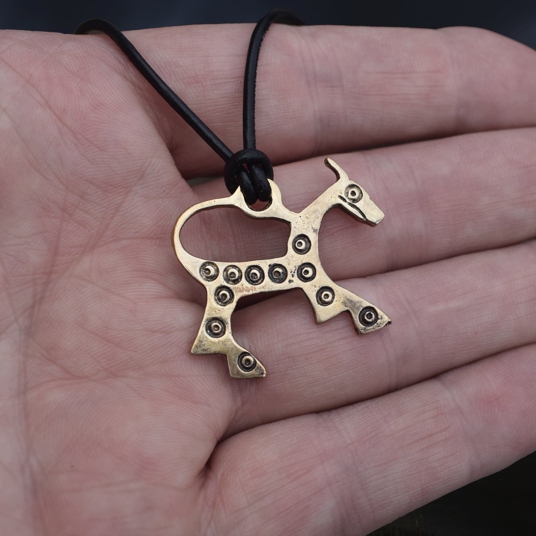Bronze Replica Viking Horse Pendant from Novgorod on Leather Cord, on Hand