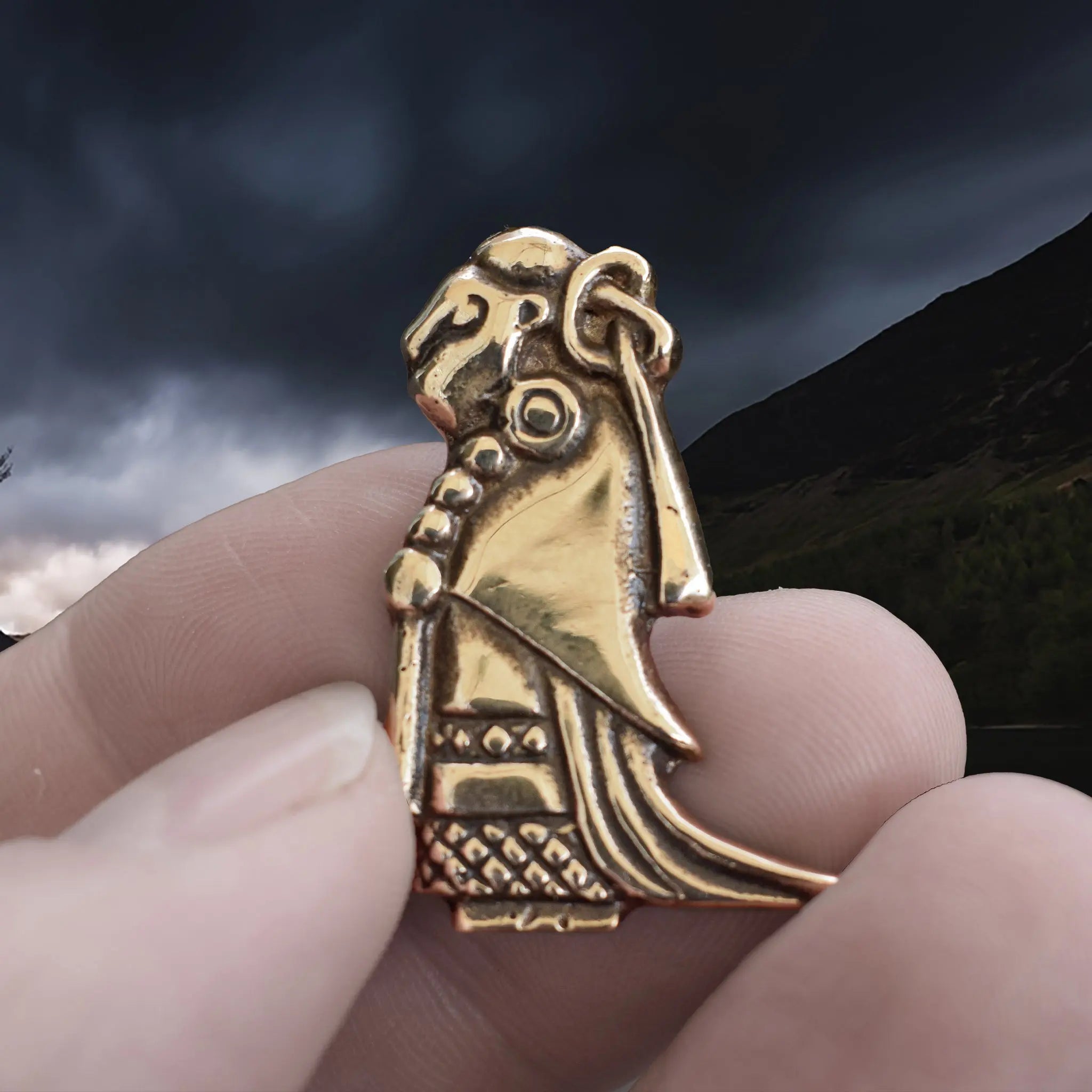 Large Bronze Valkyrie Viking Pendant Replica from Sweden in Fingers