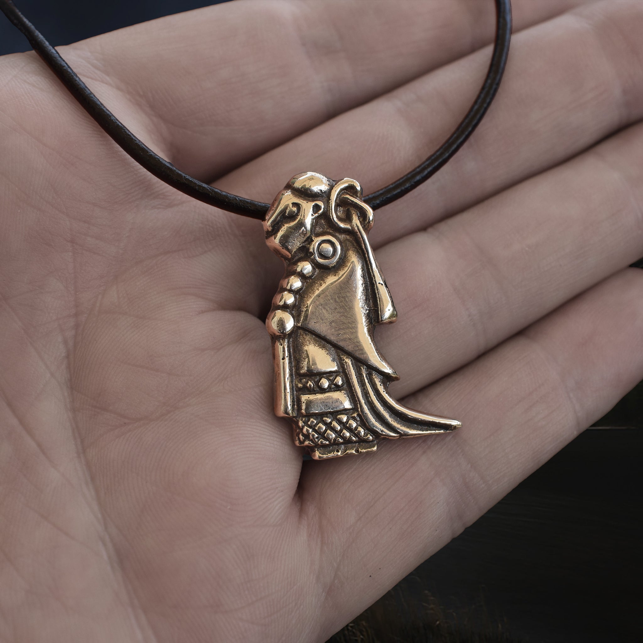 Large Bronze Valkyrie Viking Pendant Replica from Sweden on Leather Cord - On Hand