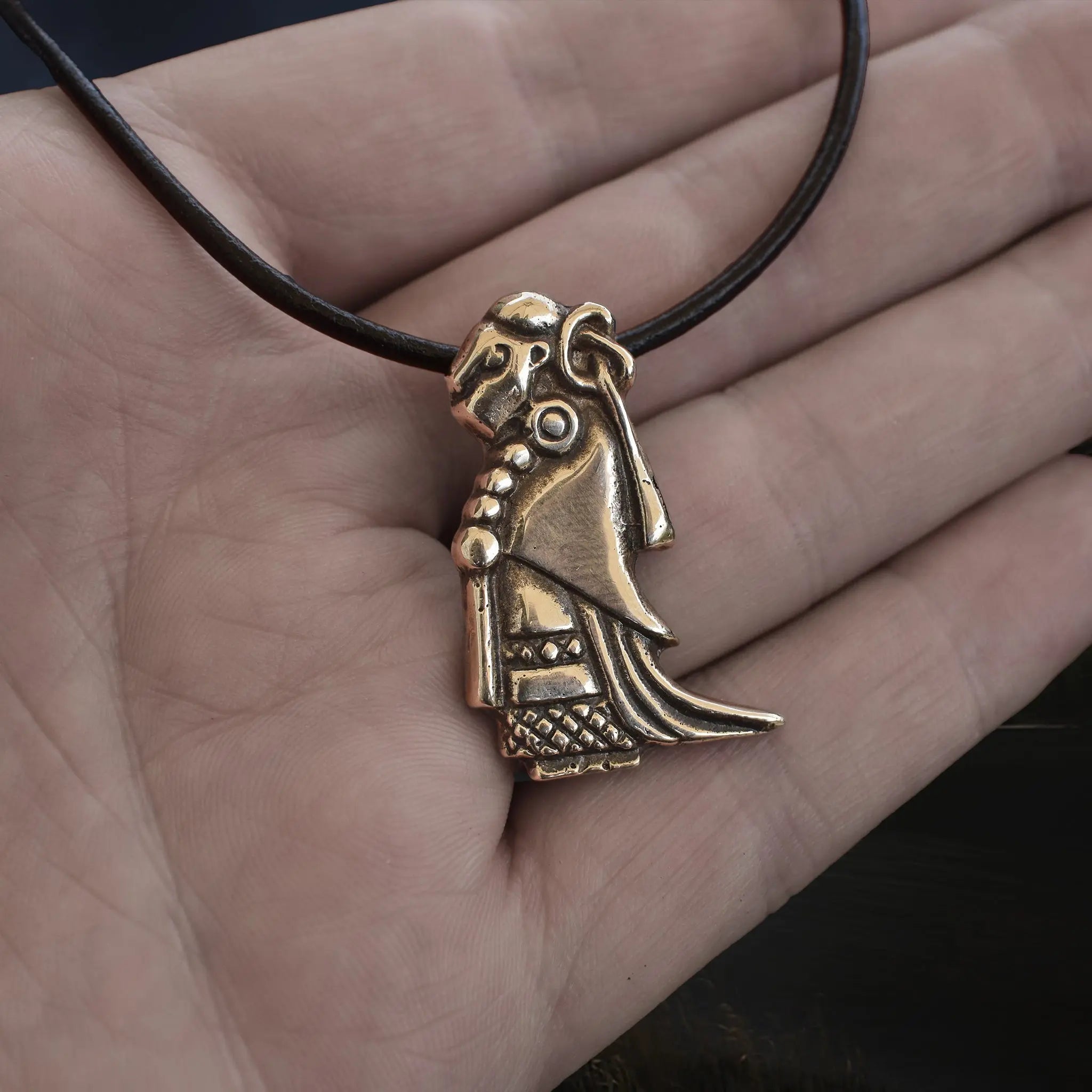 Large Bronze Valkyrie Viking Pendant Replica from Sweden on Leather Cord - On Hand