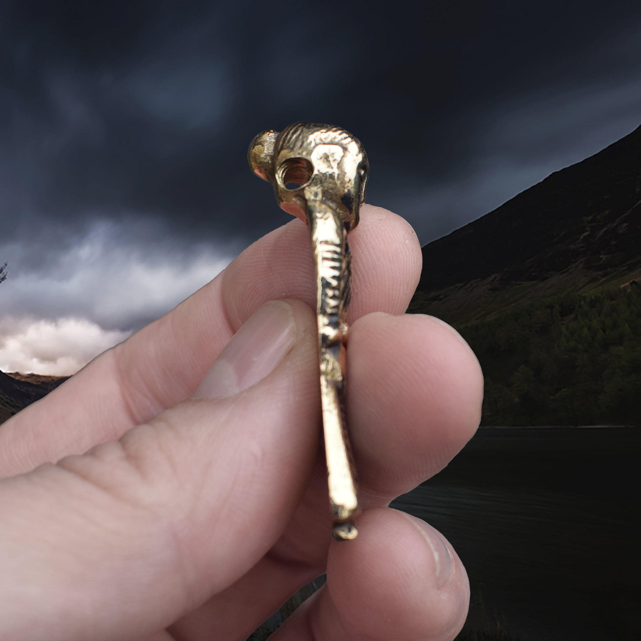 Large Bronze Viking Woman Pendant Replica from Revninge, Denmark in Fingers - Side View