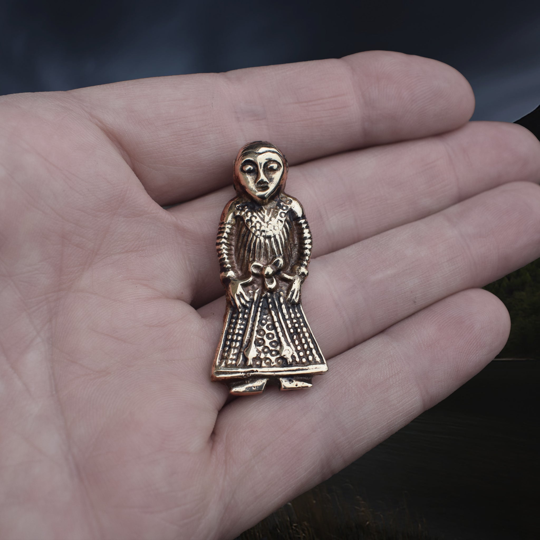 Large Bronze Viking Woman Pendant Replica from Revninge, Denmark on Hand