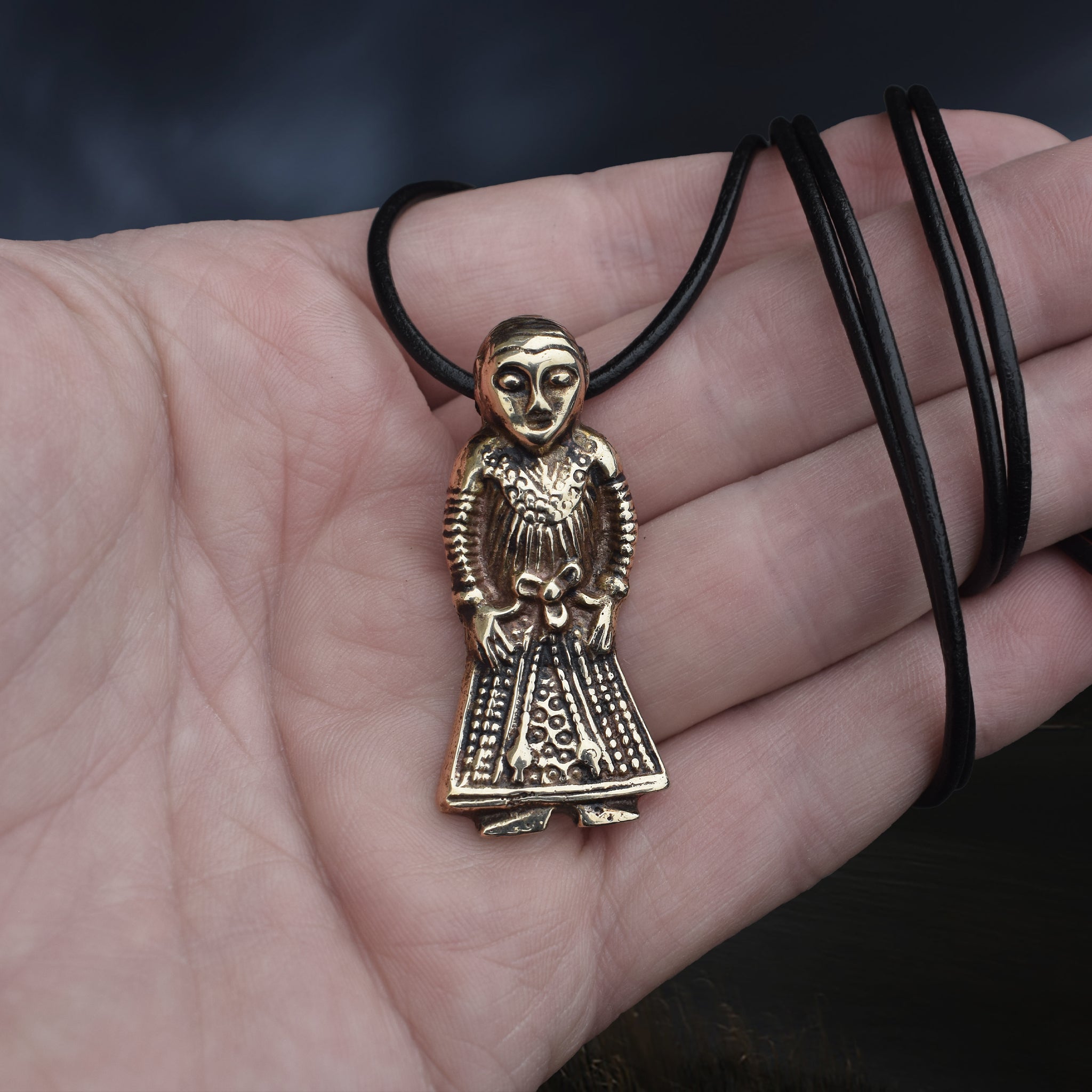Large Bronze Viking Woman Pendant Replica from Revninge, Denmark on Wrapped Leather Cord, on hand