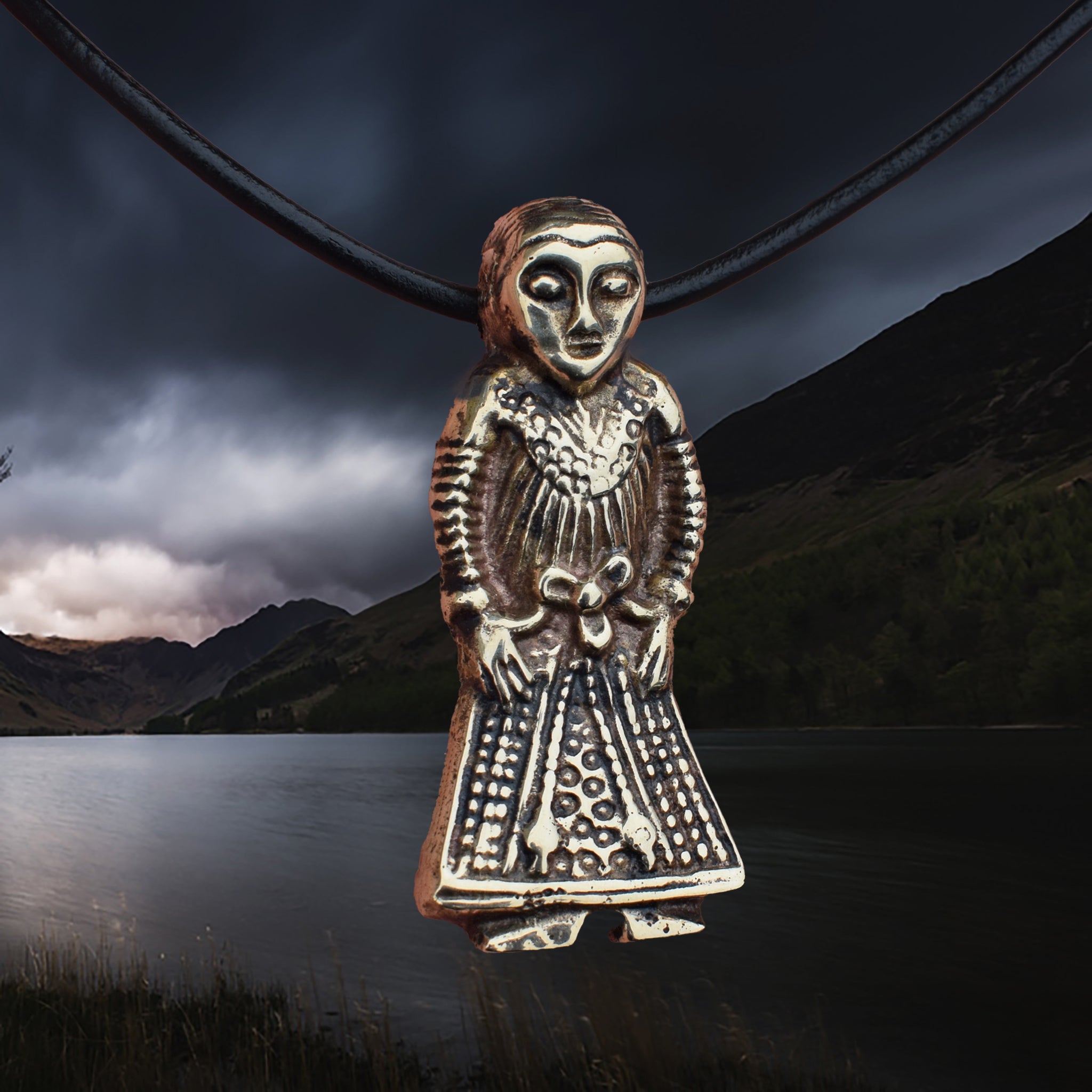 Large Bronze Viking Woman Pendant Replica from Revninge, Denmark on Leather Cord