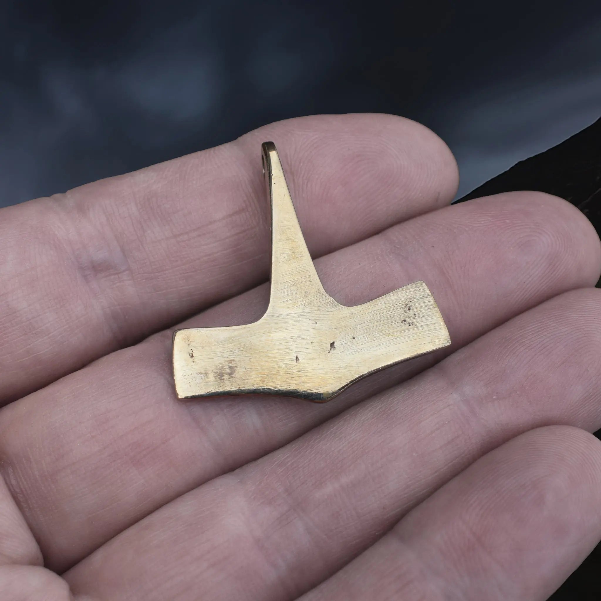 Bronze Viking Thor's Hammer Pendant Replica from 10th Century Denmark with Triangle Patterns on Hand - Back View
