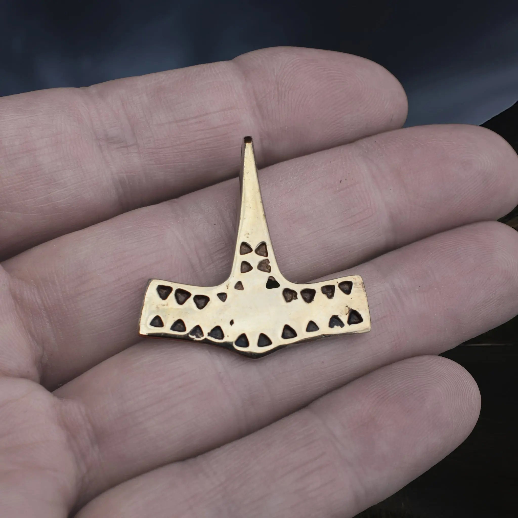 Bronze Viking Thor's Hammer Pendant Replica from 10th Century Denmark with Triangle Patterns on Hand