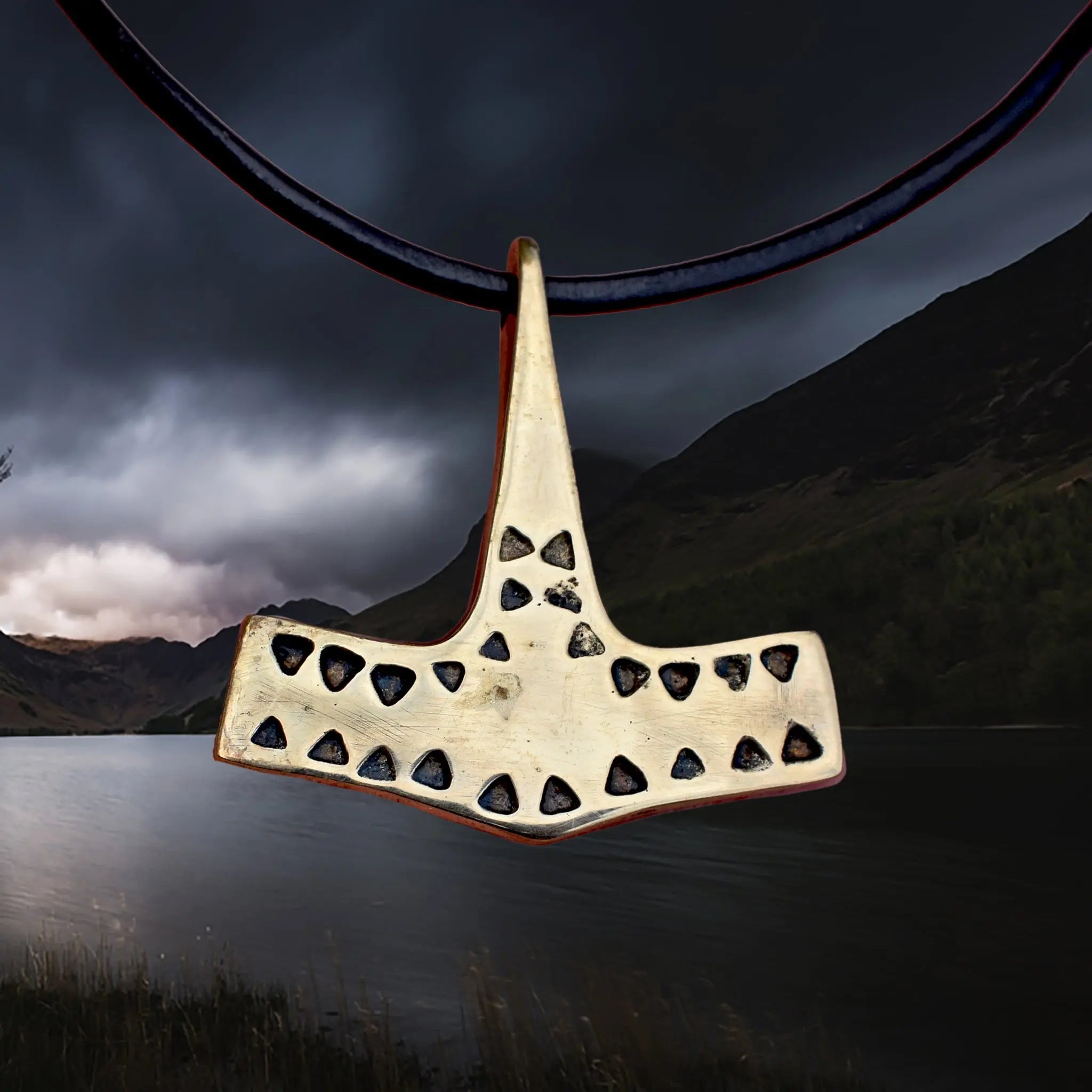 Bronze Viking Thor's Hammer Pendant Replica from 10th Century Denmark with Triangle Patterns on Leather Cord