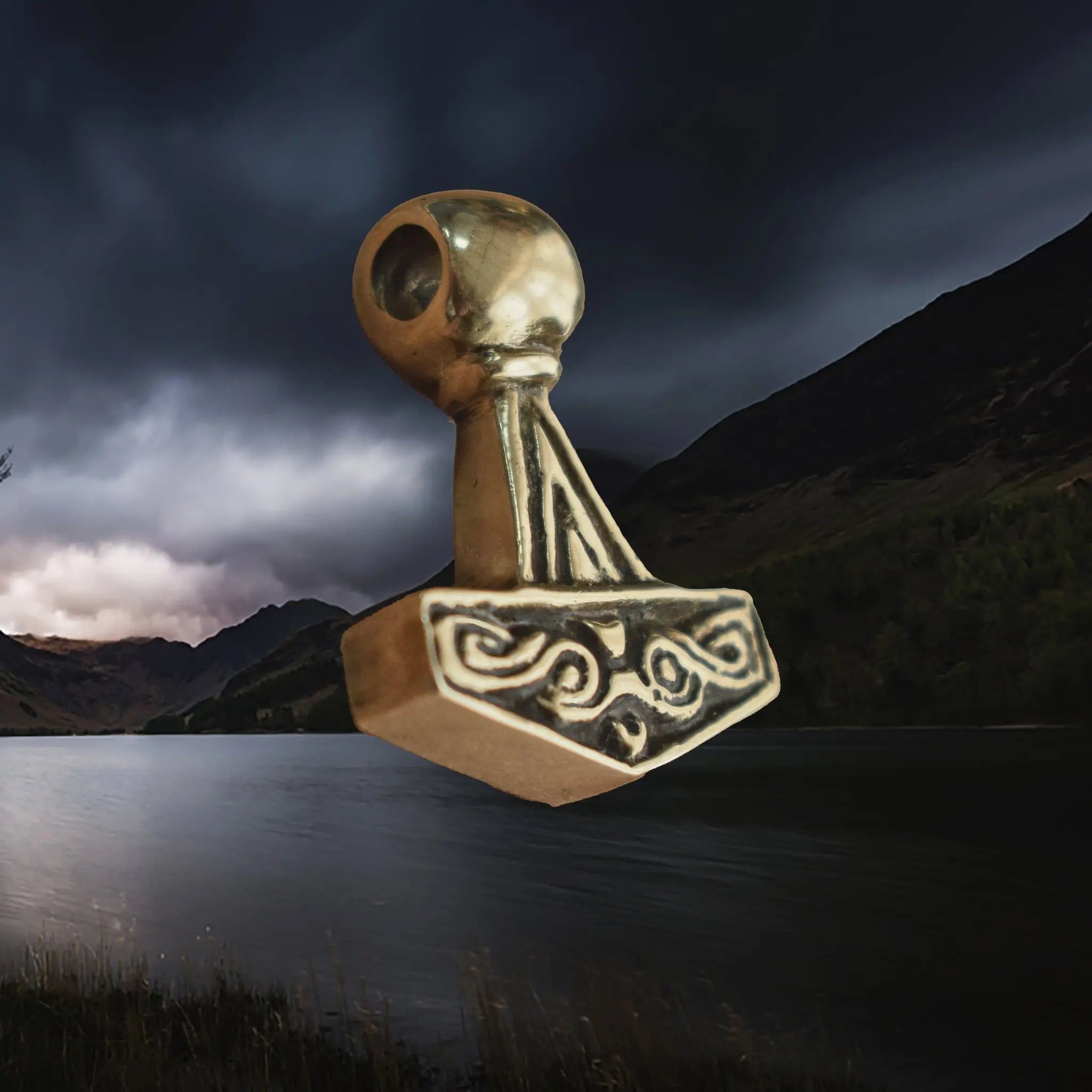 Bronze Runic Thors Hammer Pendant Replica from Lolland, Denmark - Face Angle View