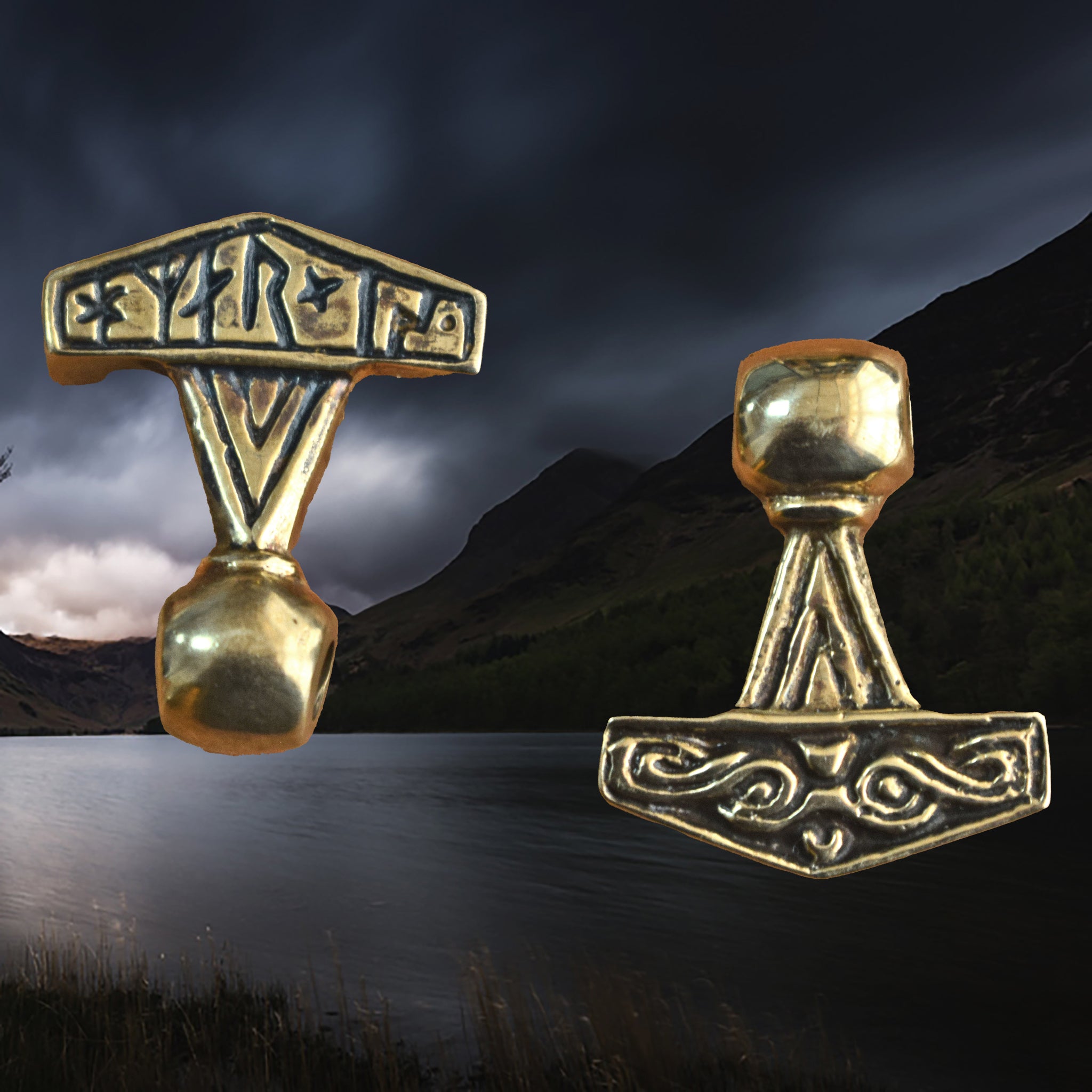Bronze Runic Thors Hammer Pendant Replica from Lolland, Denmark - Both Faces View