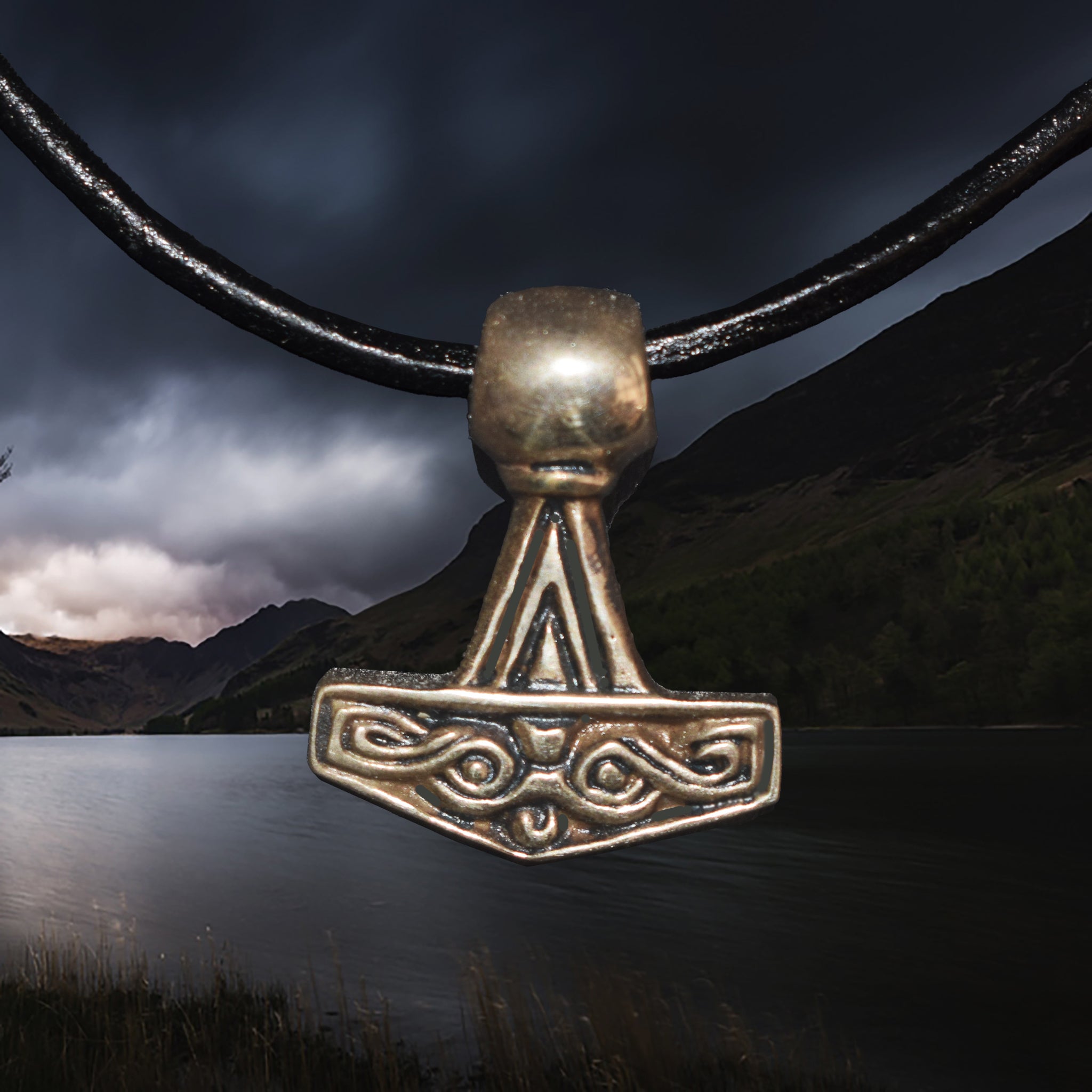 Bronze Runic Thors Hammer Pendant Replica from Lolland, Denmark on Leather Cord - Face View