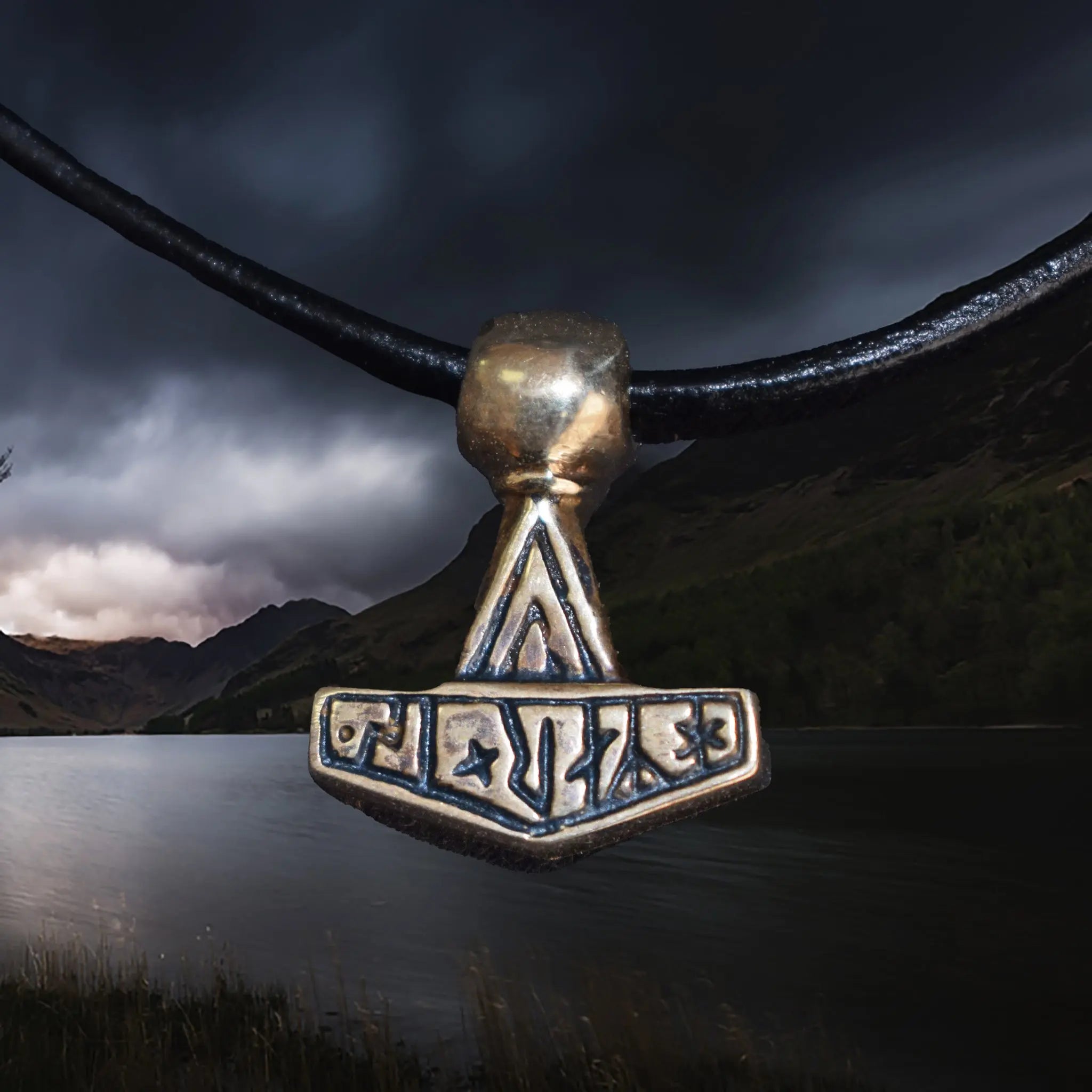 Bronze Runic Thors Hammer Pendant Replica from Lolland, Denmark on Leather Cord - Runic Face View