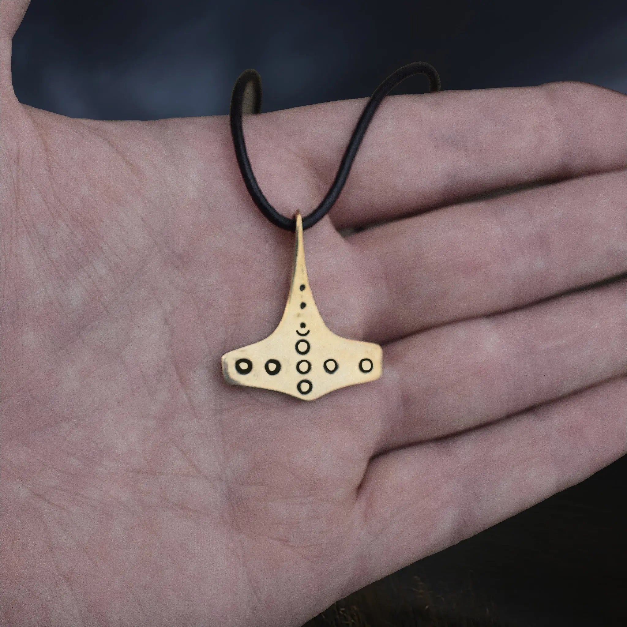 Bronze Replica Thors Hammer Pendant from 10th Century Denmark with Dot & Ring Design on Leather Cord, on Hand