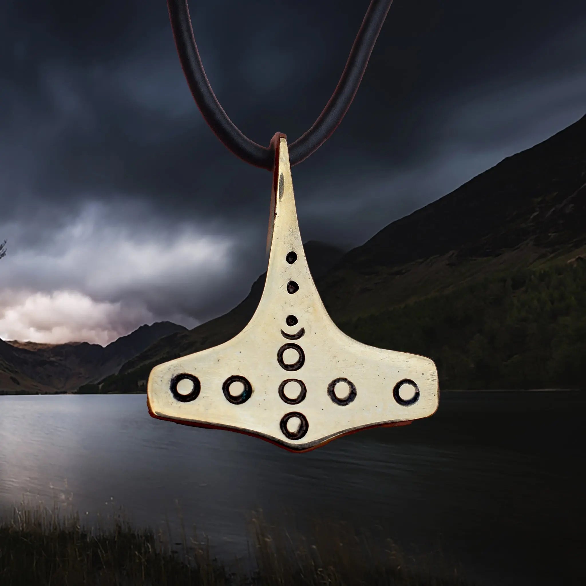 Bronze Replica Thors Hammer Pendant from 10th Century Denmark with Dot & Ring Design on Leather Cord