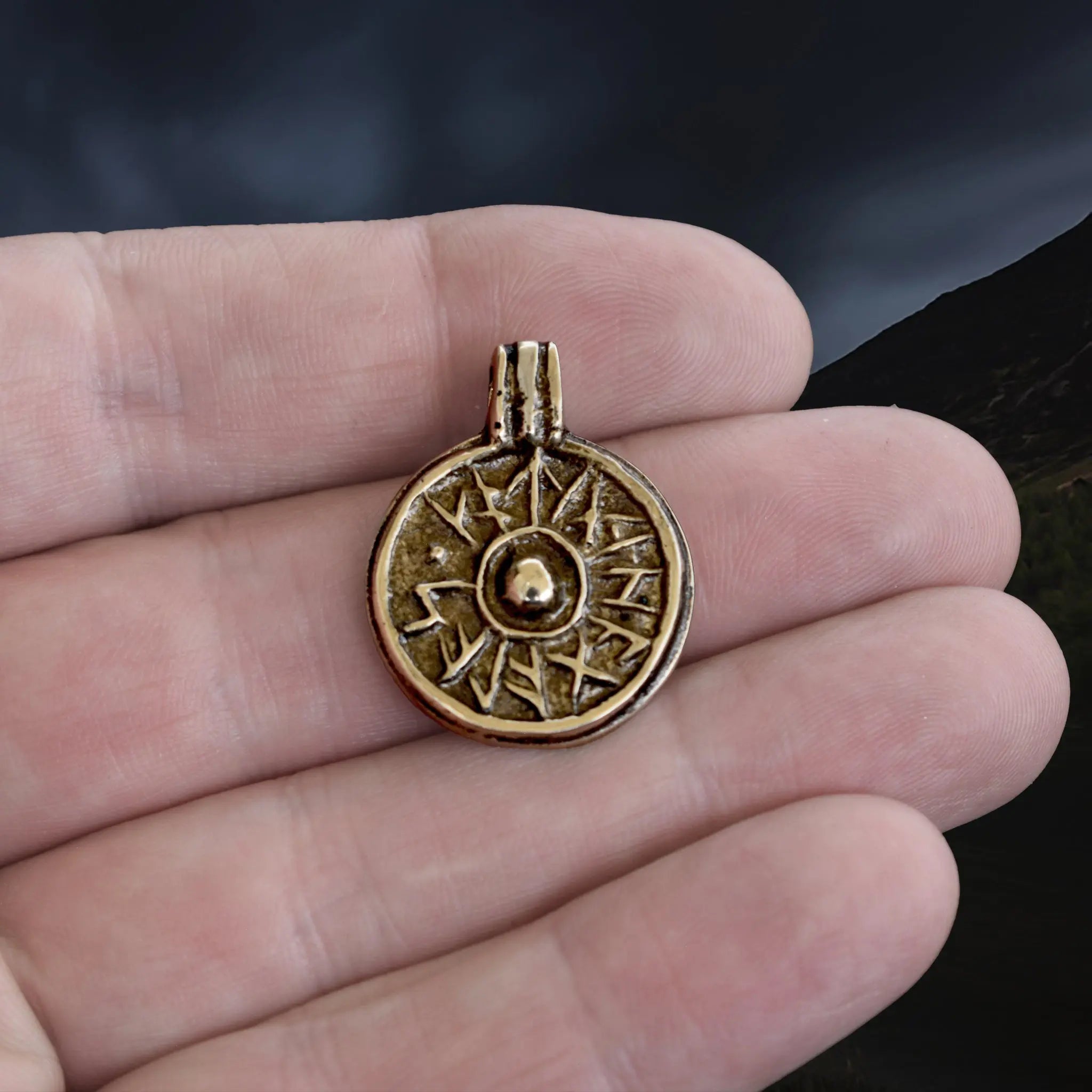 Bronze Round Replica Viking Luck / Good Health Pendant on Hand