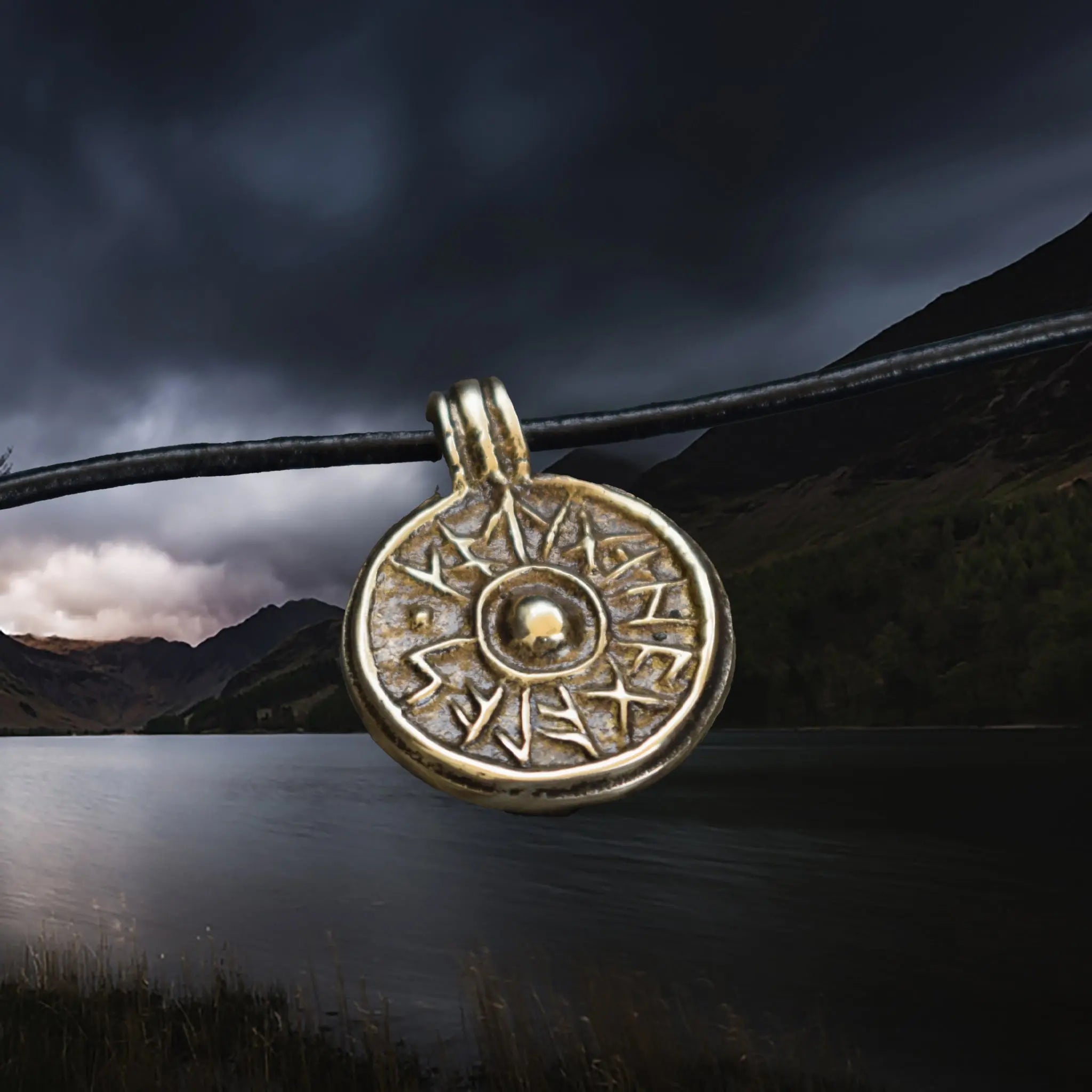 Bronze Round Replica Viking Luck / Good Health Pendant on Leather Cord - Angle View