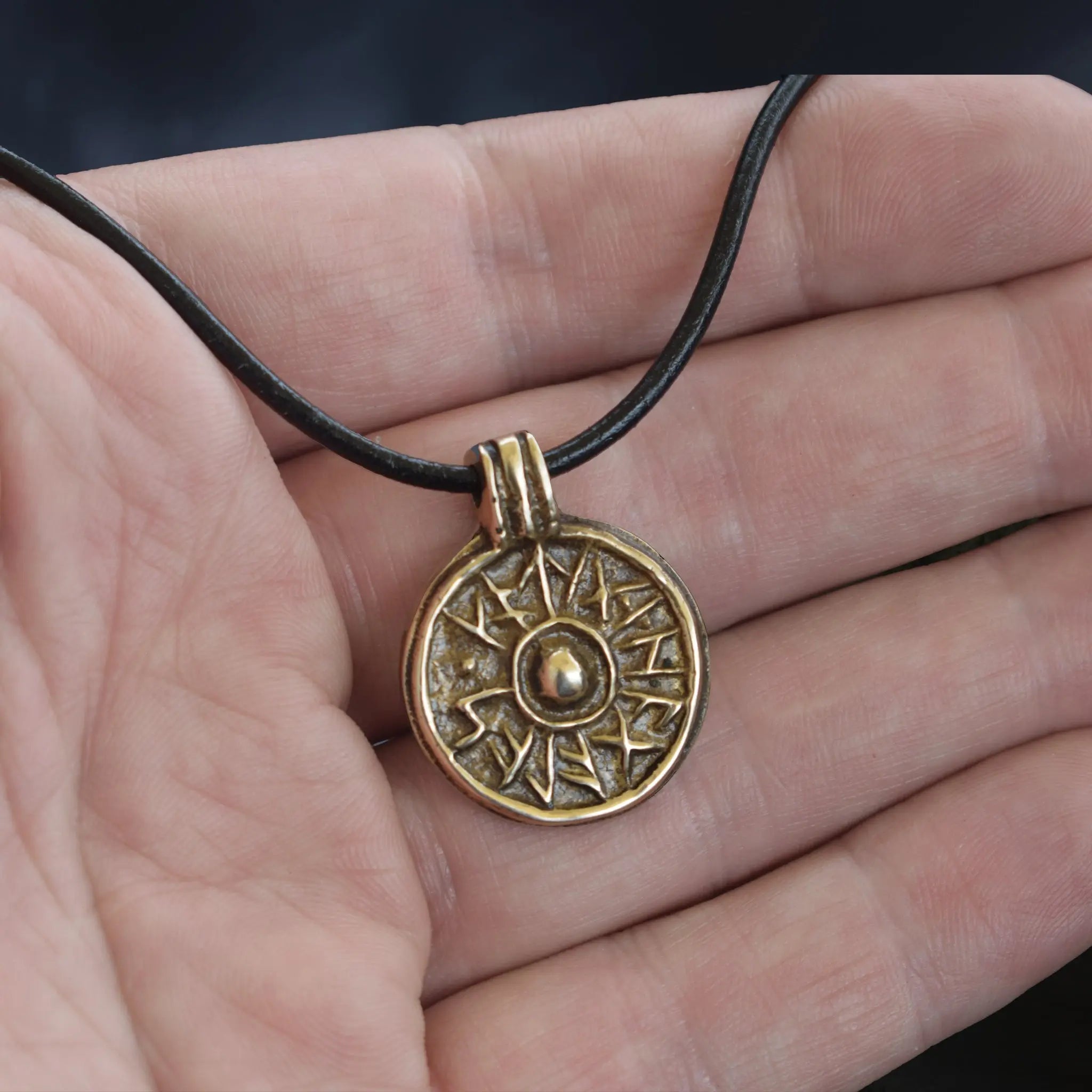Bronze Round Replica Viking Luck / Good Health Pendant on Leather Cord - On Hand