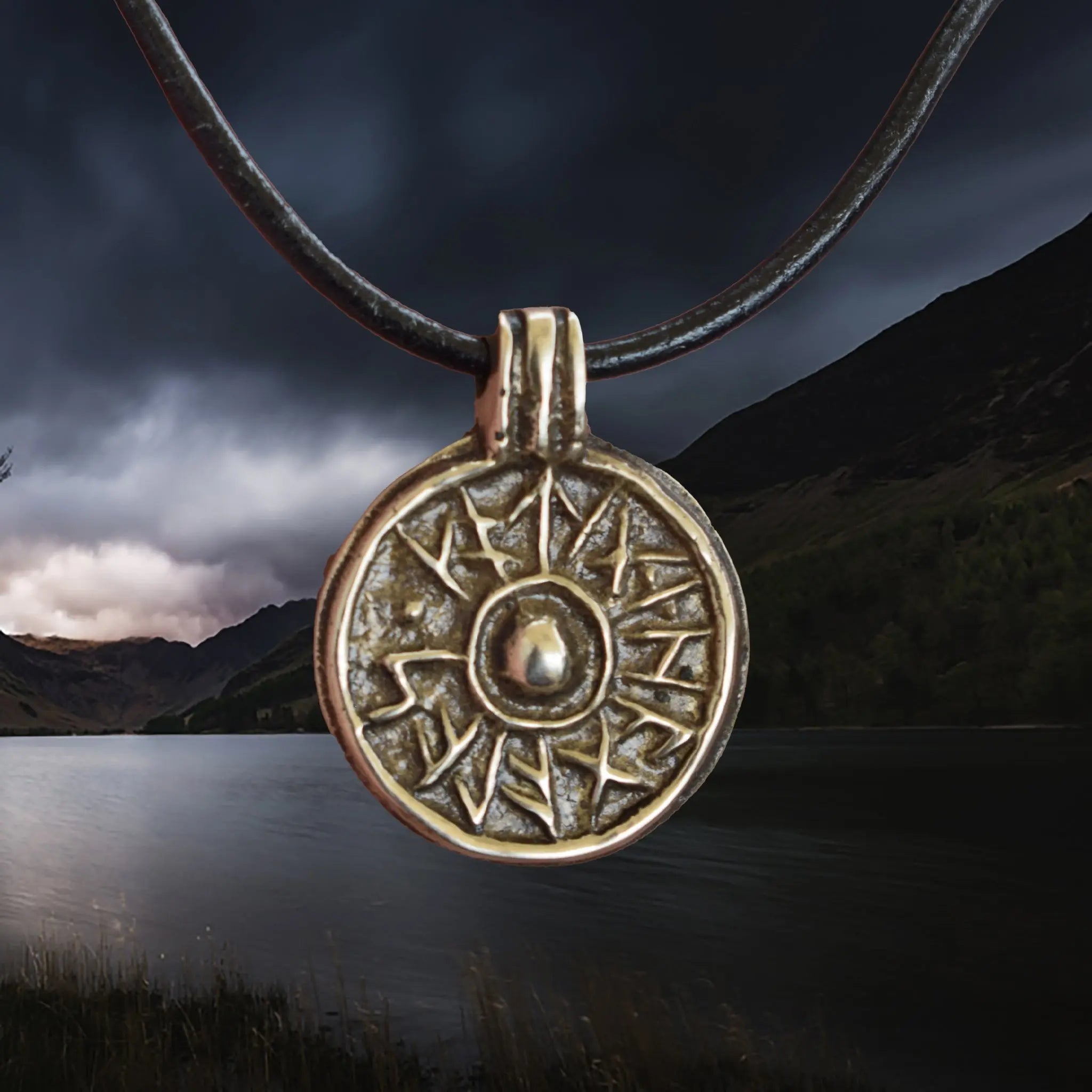 Bronze Round Replica Viking Luck / Good Health Pendant on Leather Cord