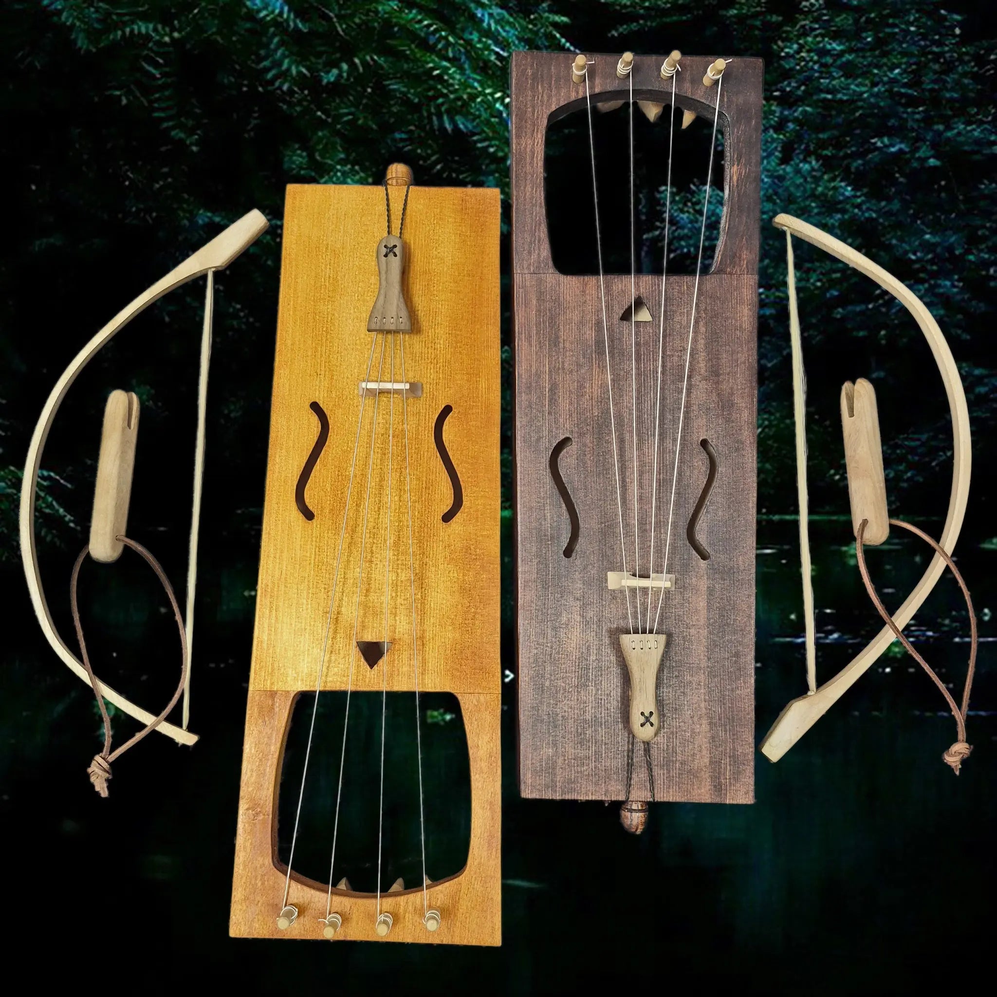 Handmade Viking Age Alder Wood Replica Practical Tagelharps with Bows and Tuning Forks - Tan & Dark Brown