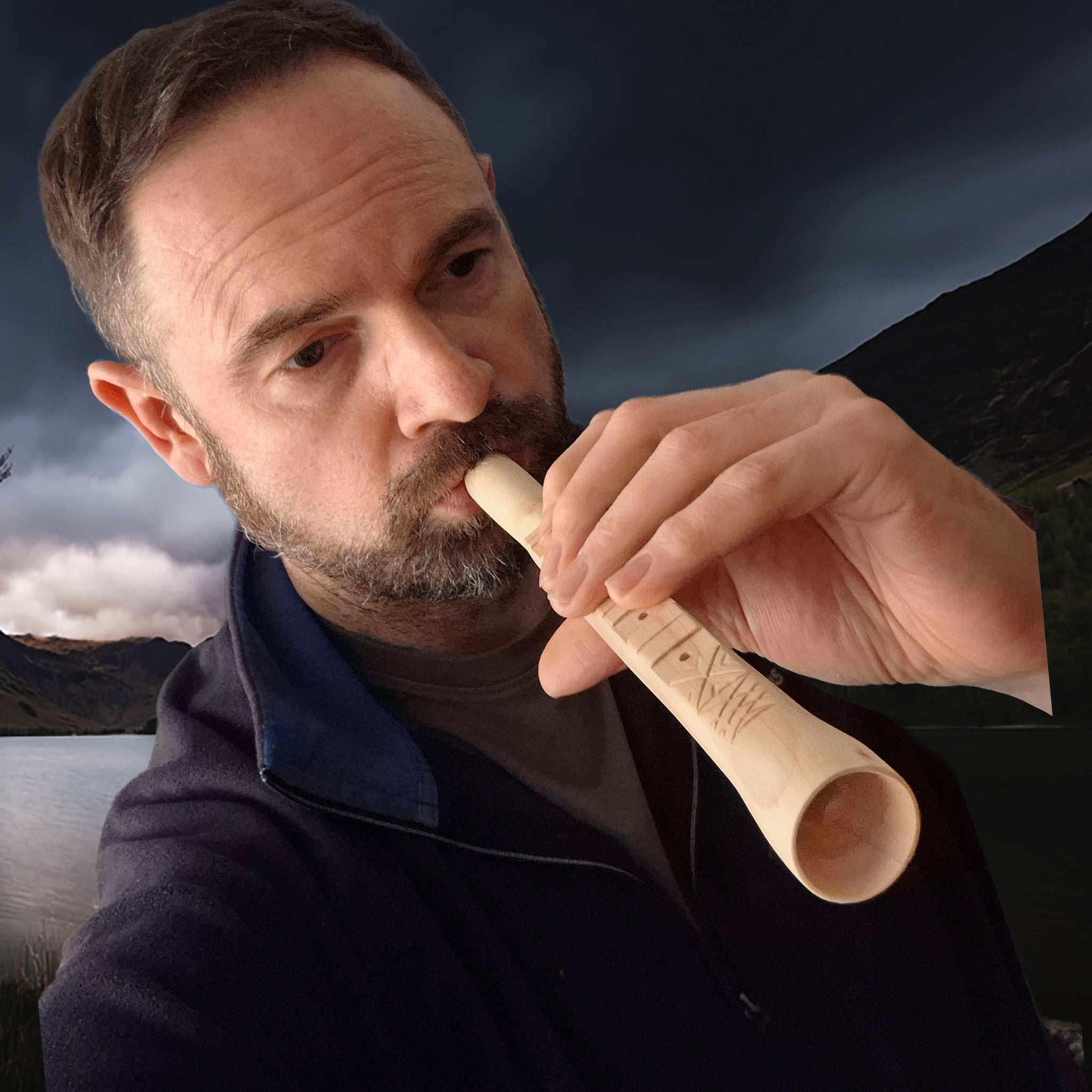 Handmade Viking Age Pipe Flute Replica from Hungate, York - Playing it - Wide End View