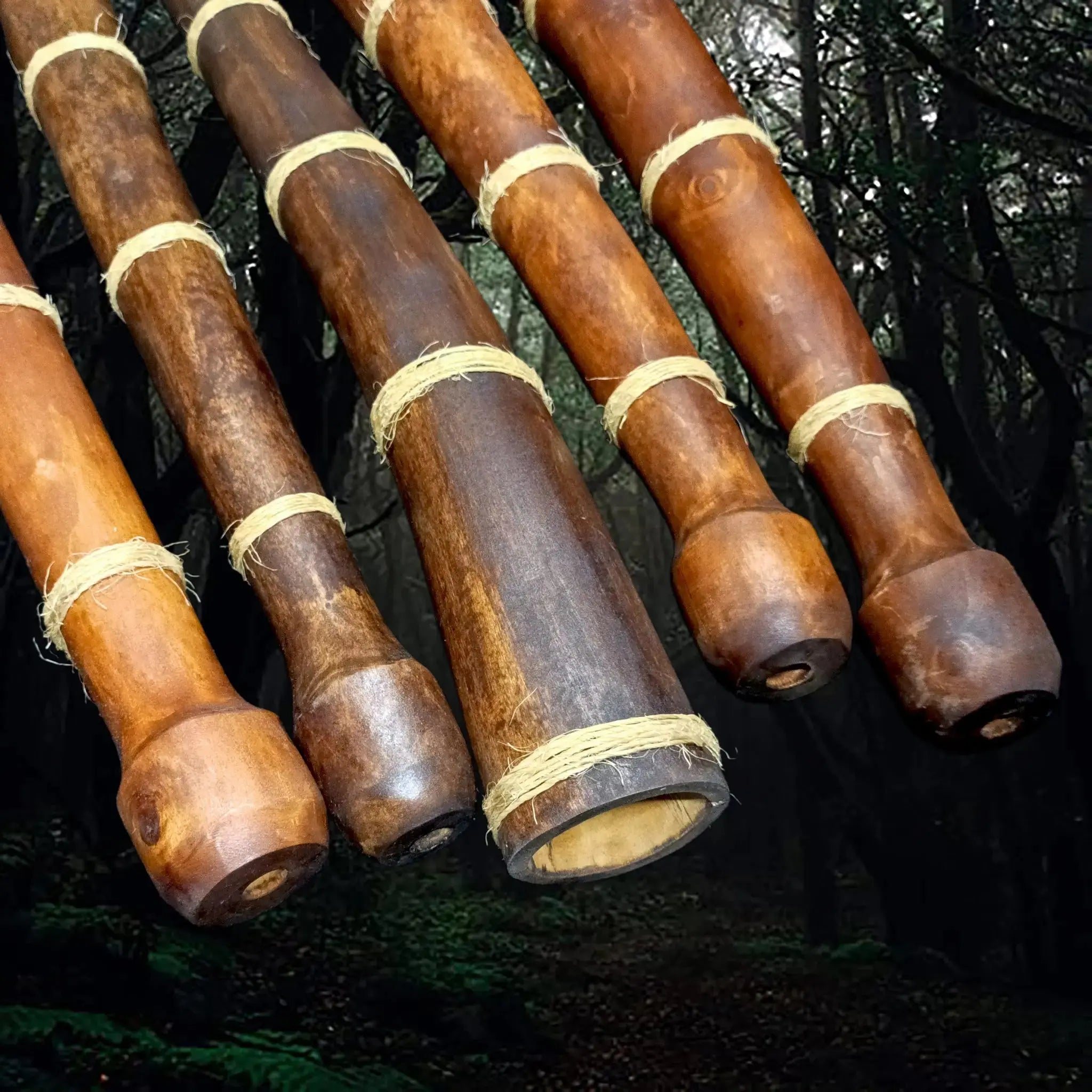 Handmade Replica Viking Age War Horns / Lurs in Stained Willow Wood - Close Up Ends Shot