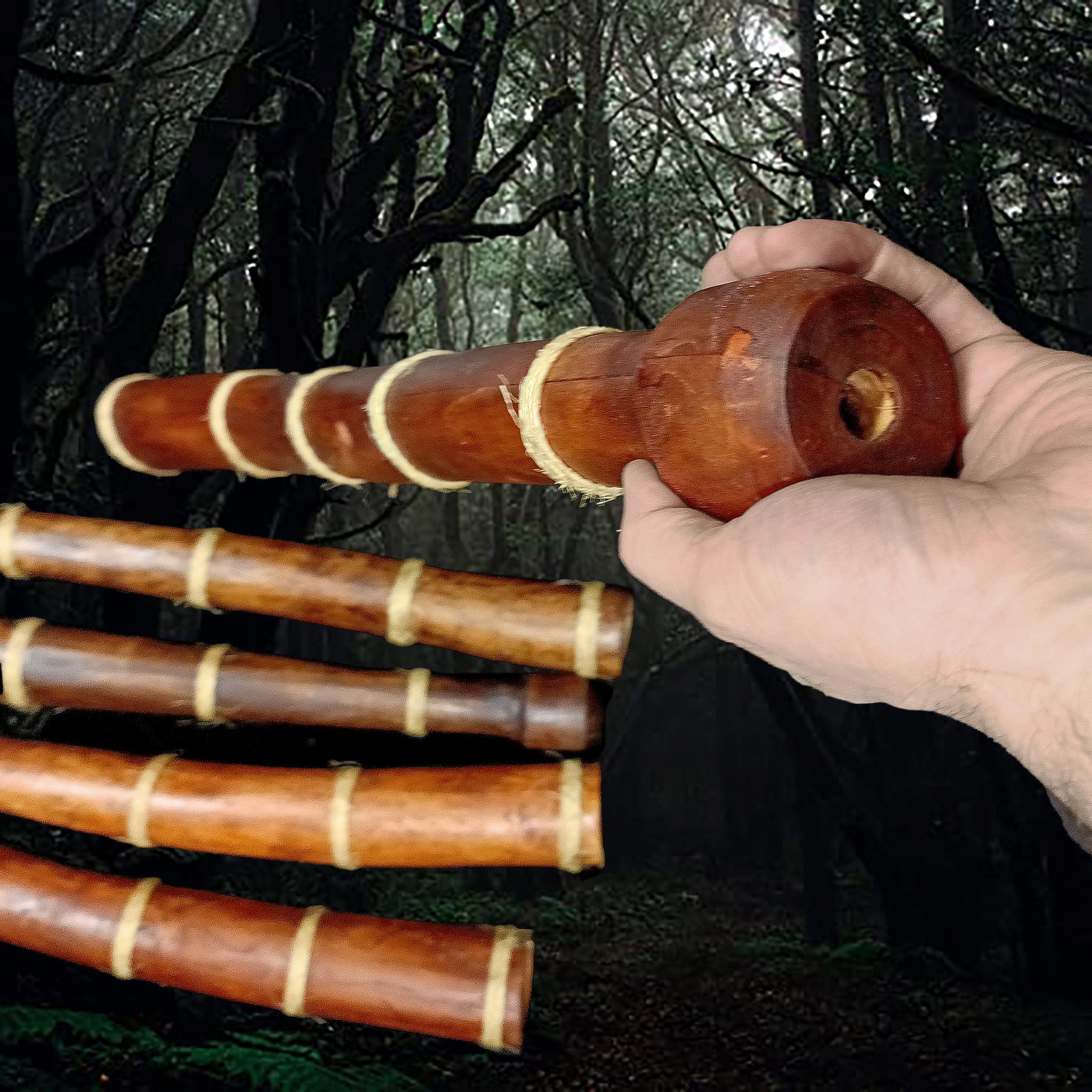 Handmade Replica Viking Age War Horn / Lur in Stained Willow Wood in Hand - Close Up Mouth Piece Shot