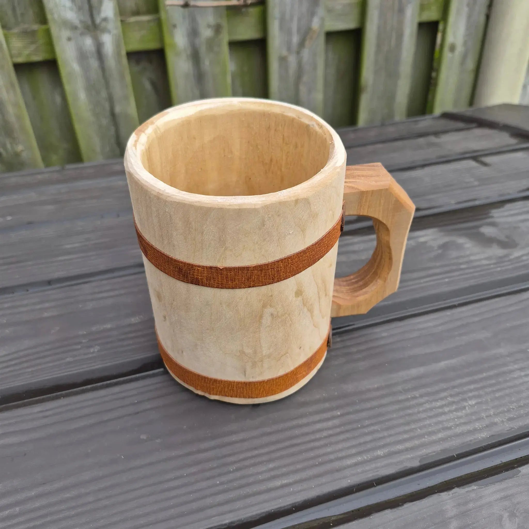 Hand-Carved Medieval Style Alder Wood Beer Tankard - Large Size - Angle View