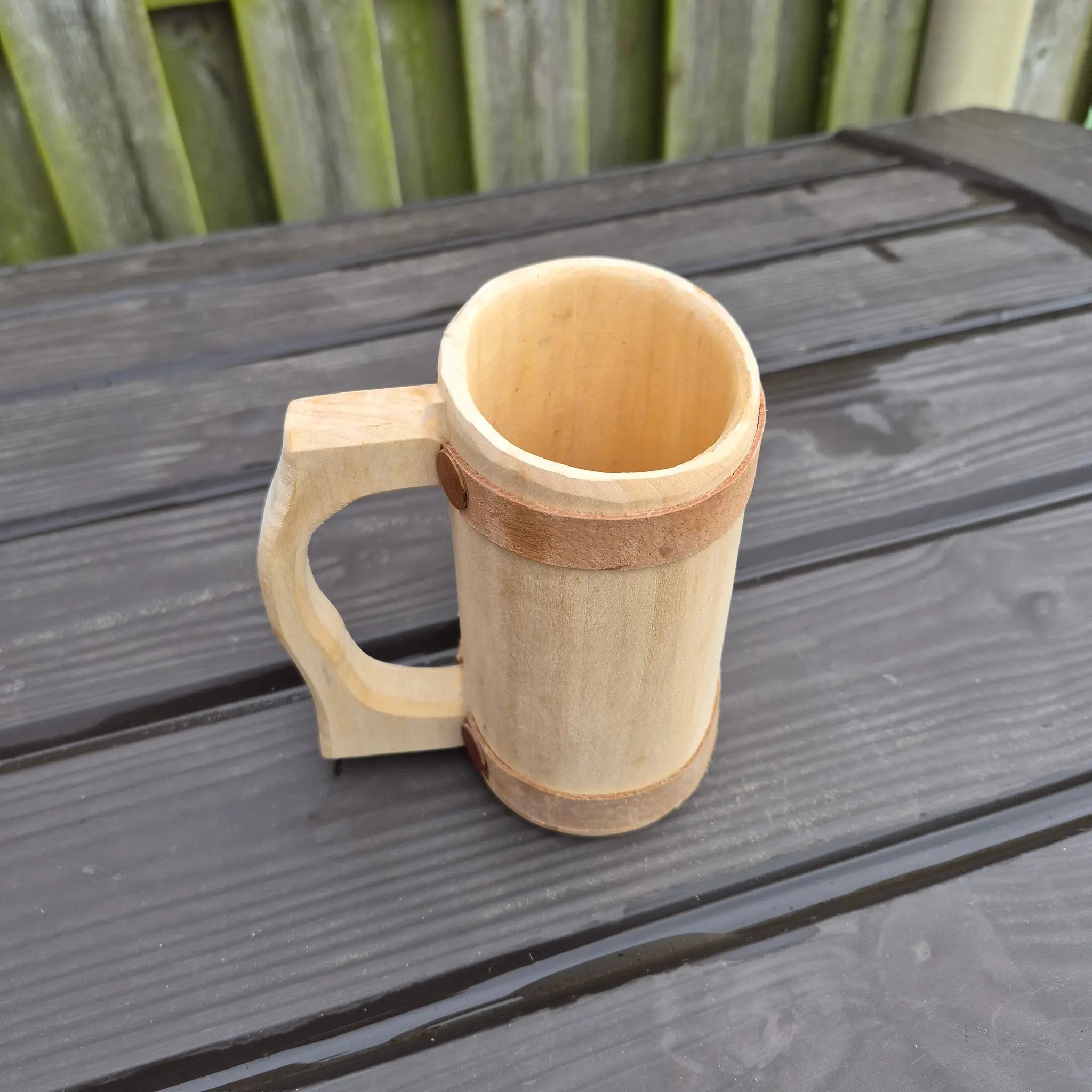 Hand-Carved Medieval Style Alder Wood Beer Tankard - Medium Size - Angle View