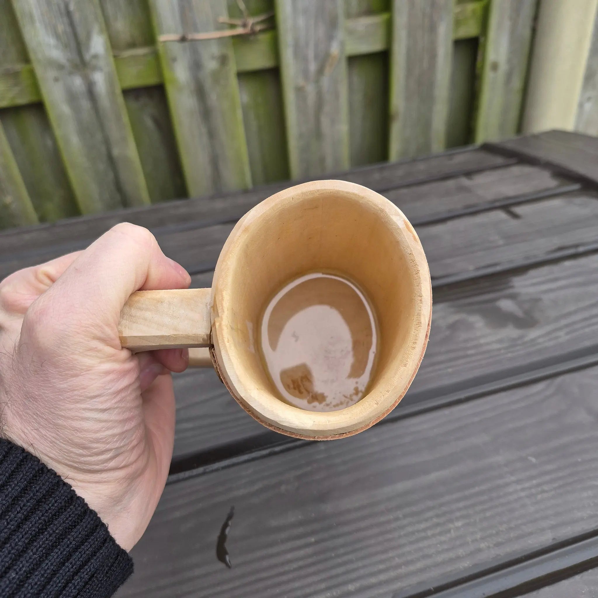 Hand-Carved Medieval Style Alder Wood Beer Tankard - Medium Size in Hand - Inside View