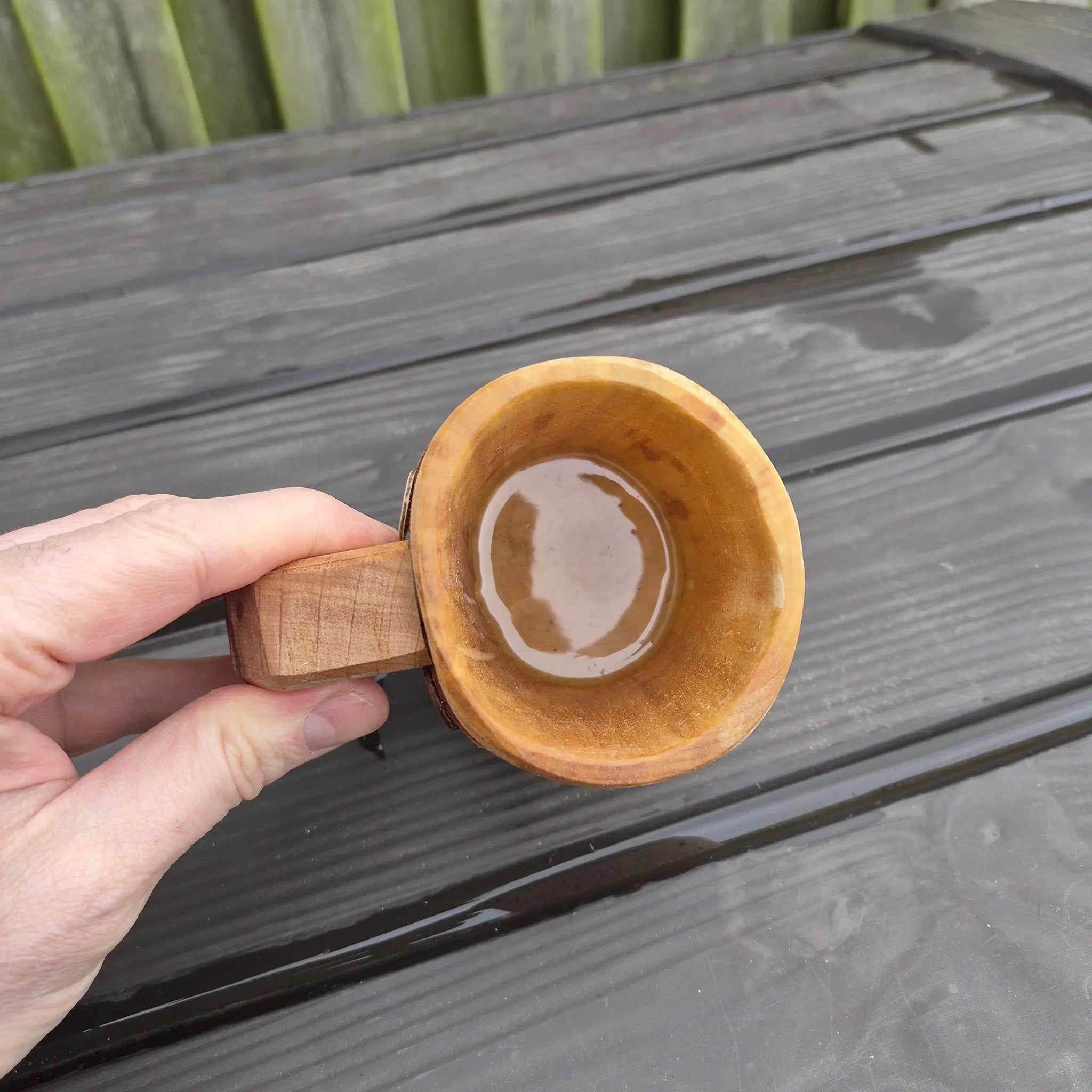 Hand-Carved Medieval Style Alder Wood Beer Tankard - Small Size in Hand - Inside View