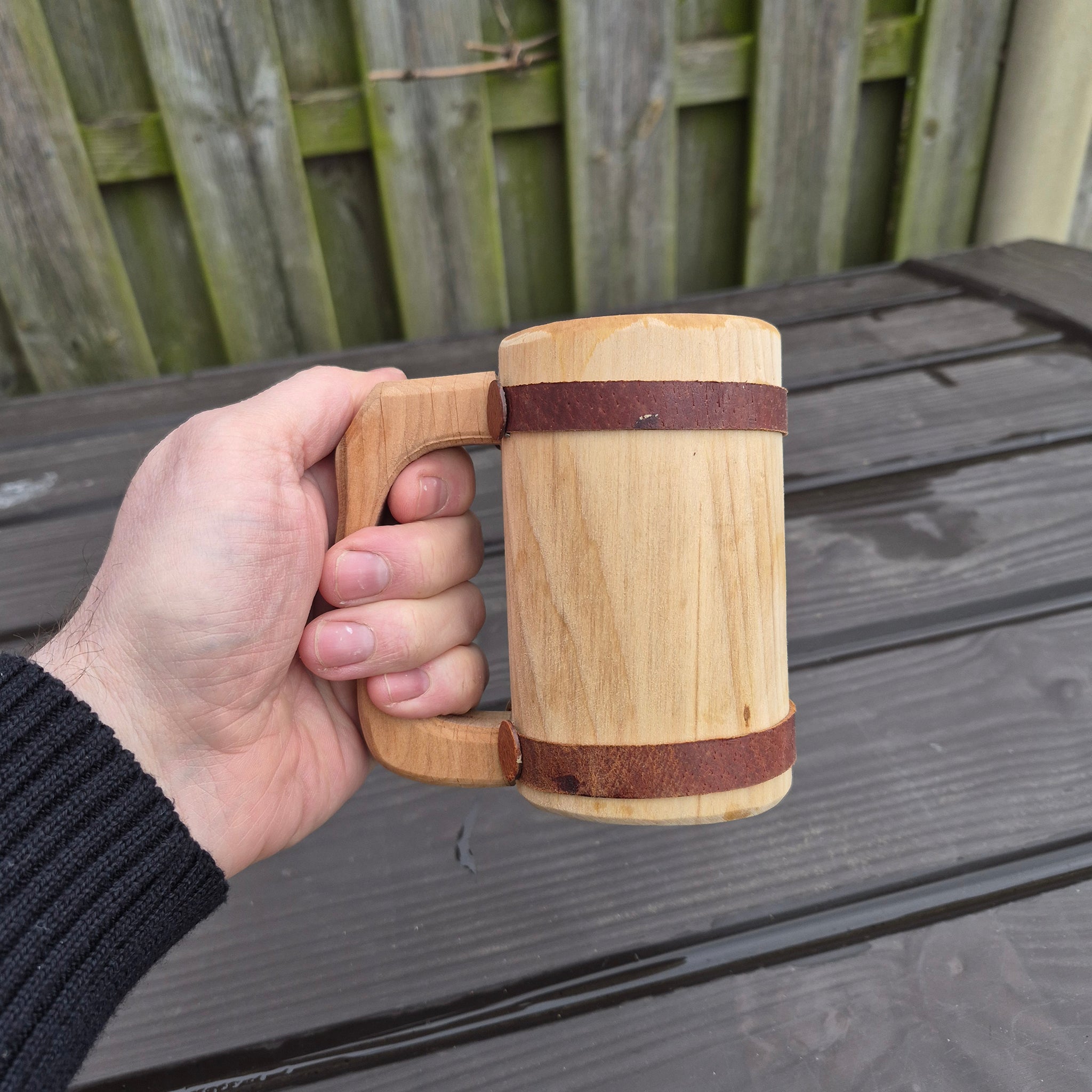 Hand-Carved Medieval Style Alder Wood Beer Tankard - Small Size in Hand