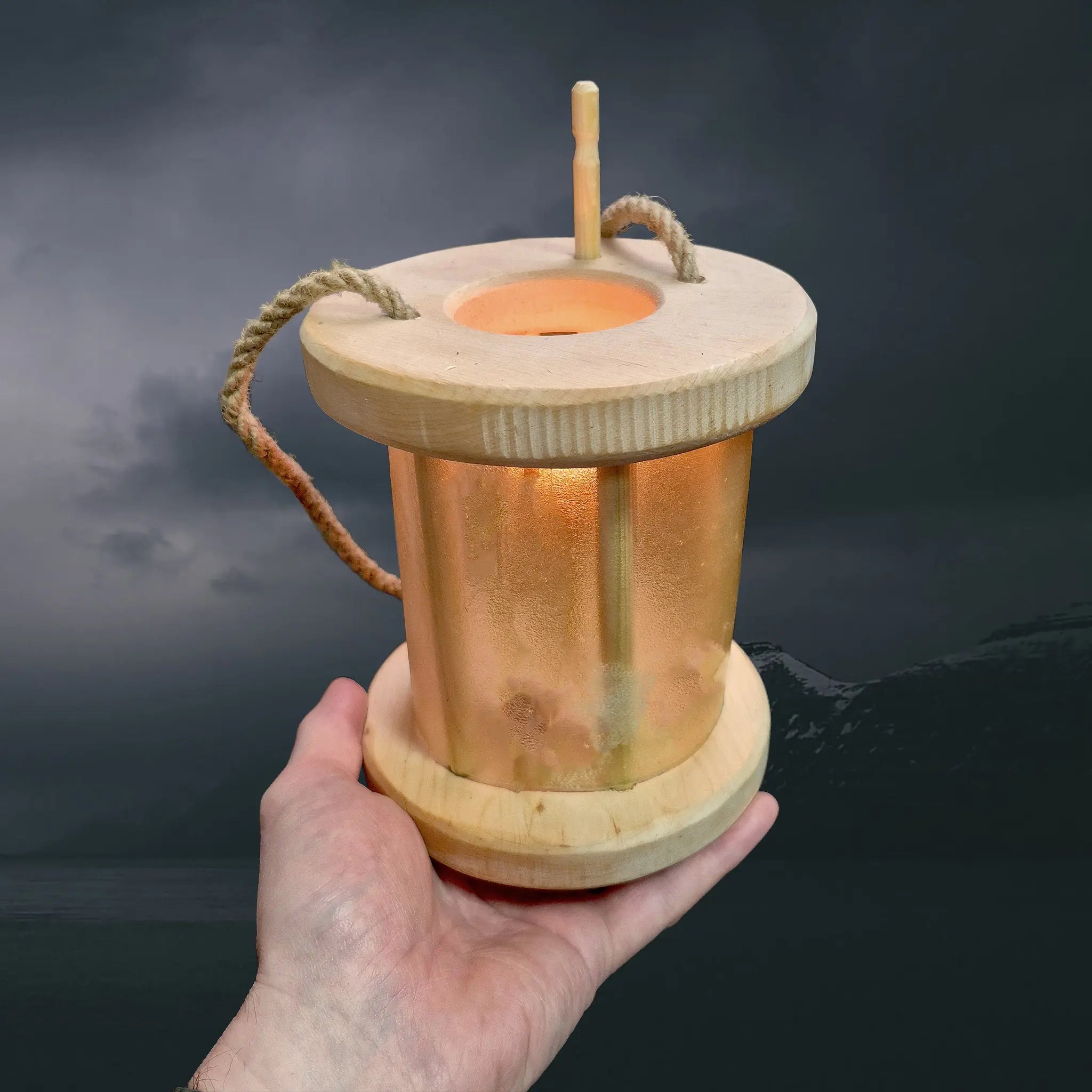 Handmade Replica Medieval Alder Wood Lantern / Lamp - Short Version Lit with Candle in Hand