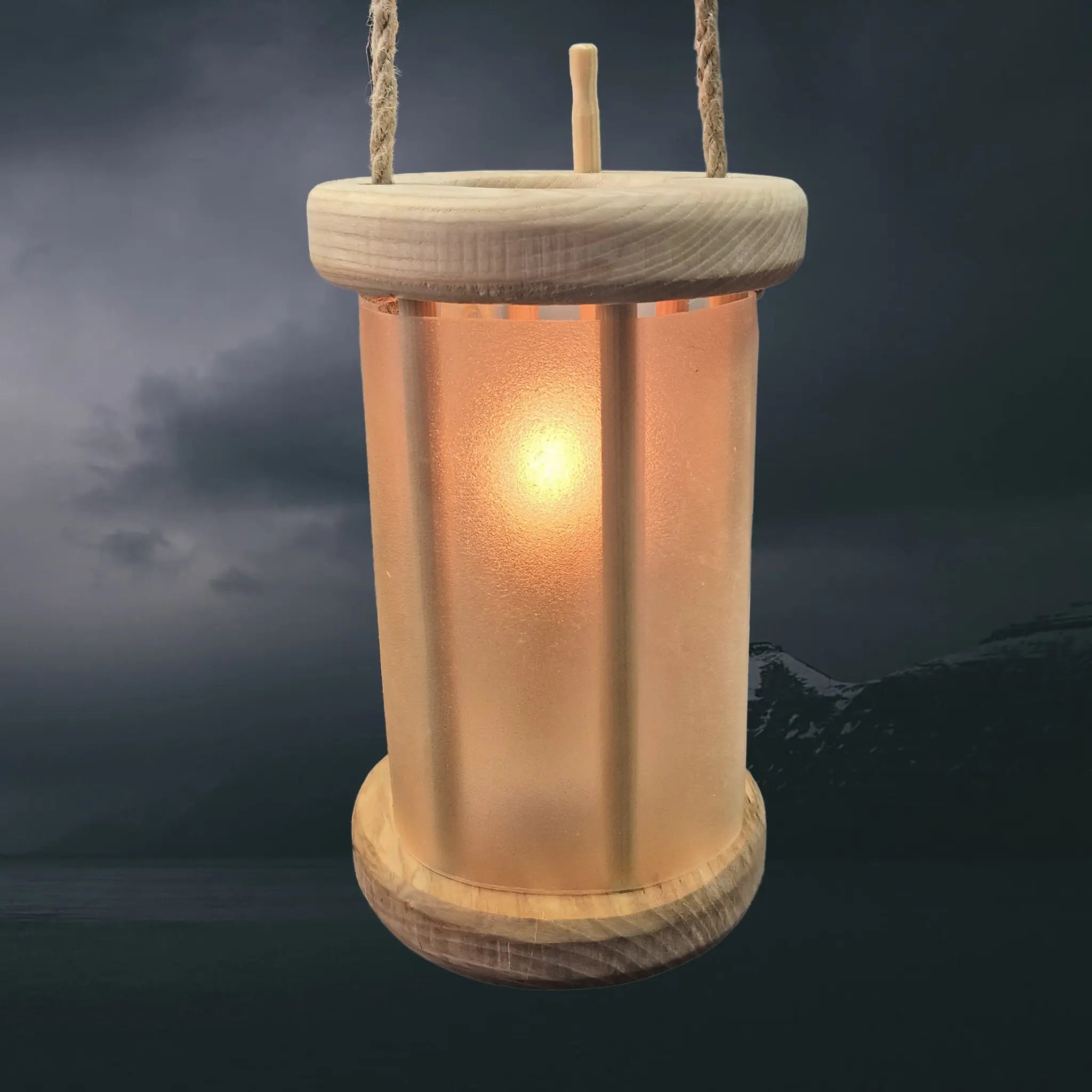 Handmade Replica Medieval Alder Wood Lantern / Lamp - Tall Version Lit with Candle, Hanging
