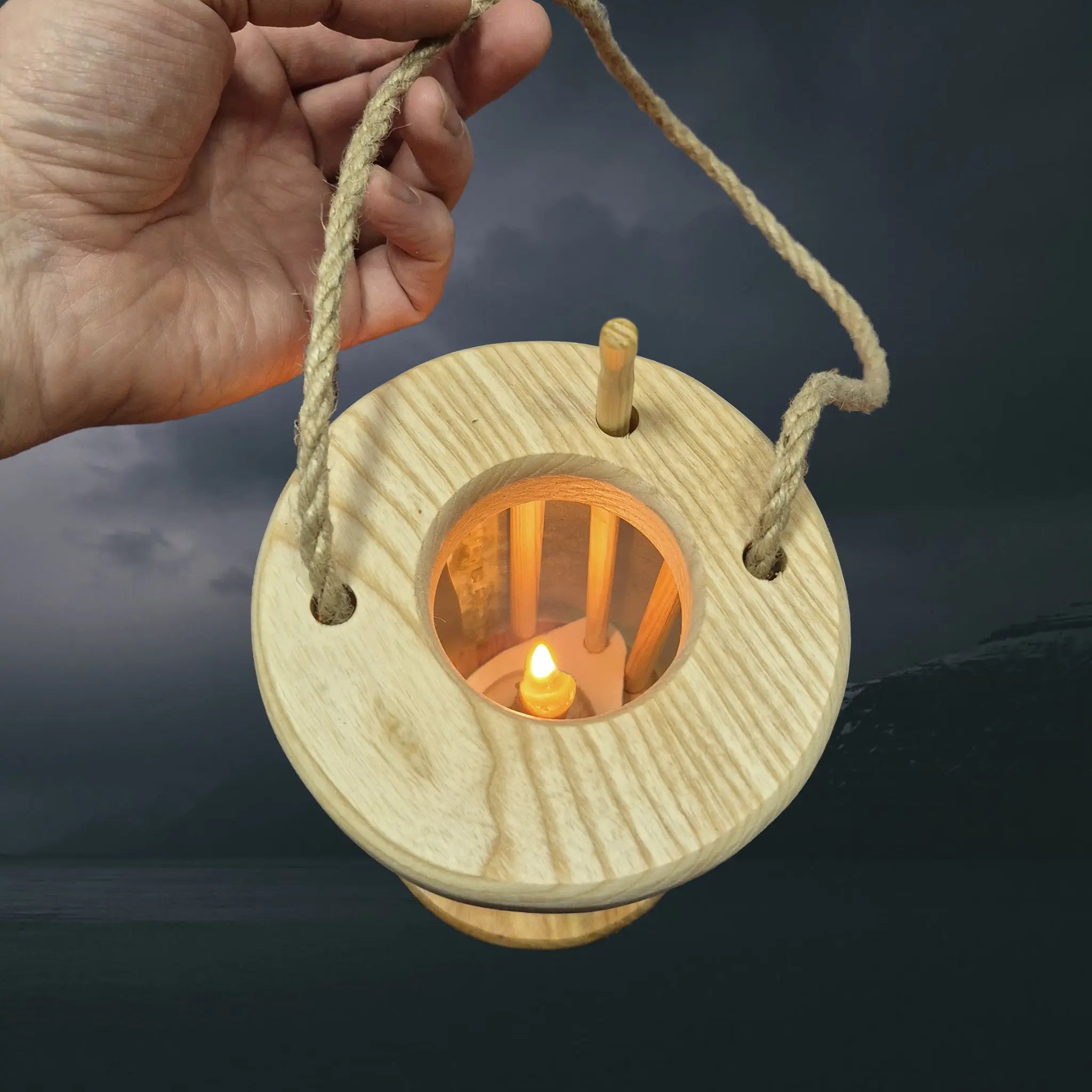 Handmade Replica Medieval Alder Wood Lantern / Lamp - Tall Version Above Angle View to Show Inside Candle