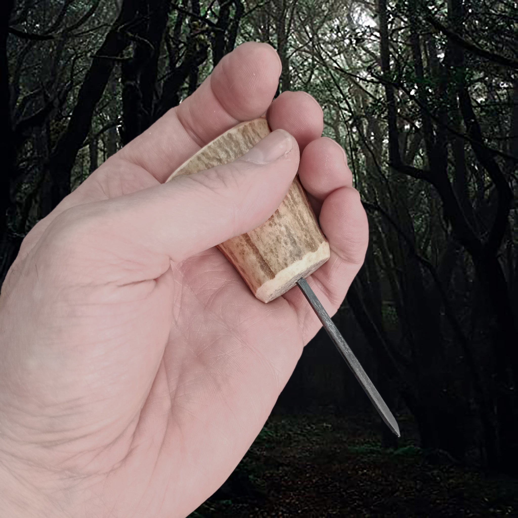 Handmade Leather Awl (Hole Puncher) with Scottish Red Deer Antler Handle in Clasped Hand