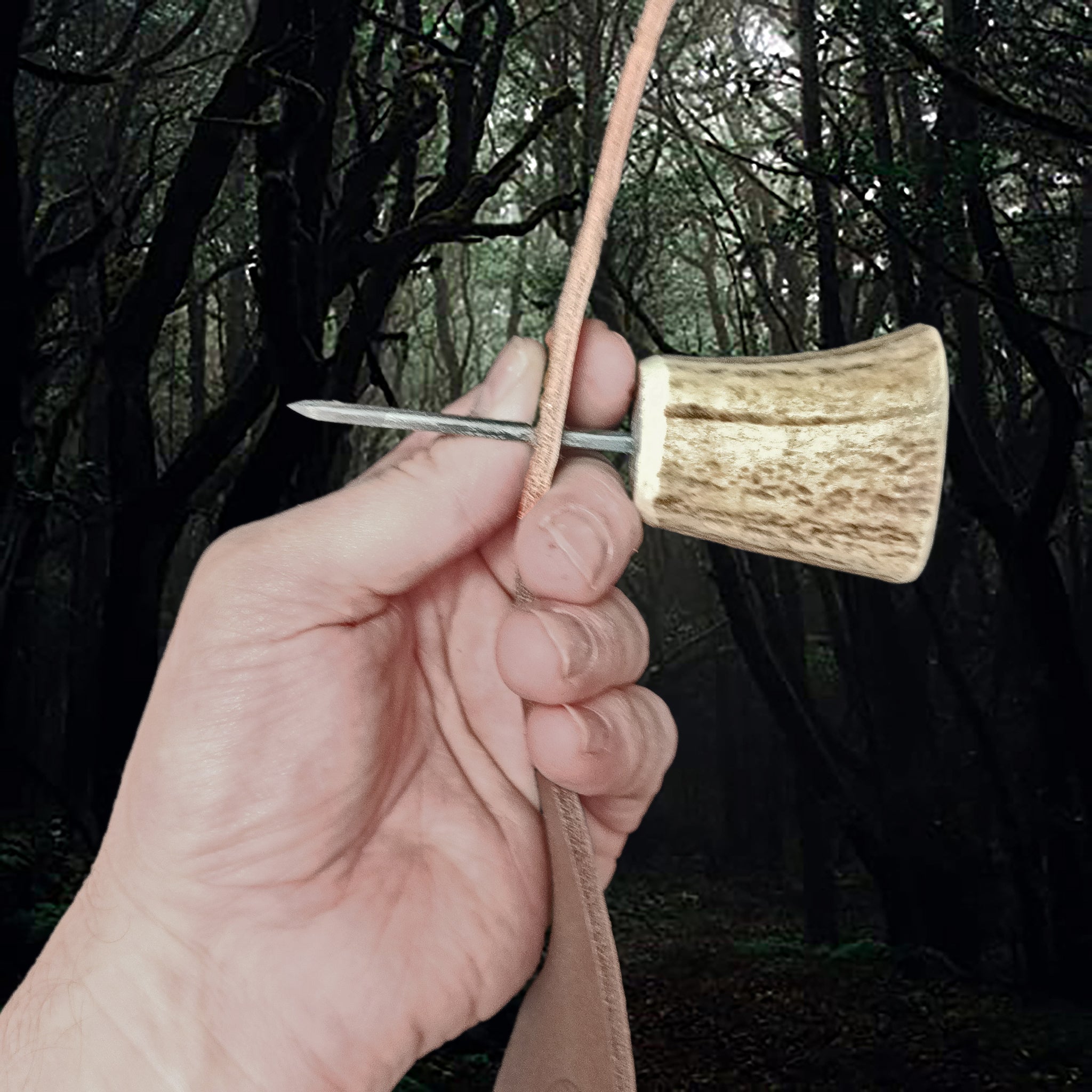 Handmade Leather Awl (Hole Puncher) with Scottish Red Deer Antler Handle - Punched Through Leather