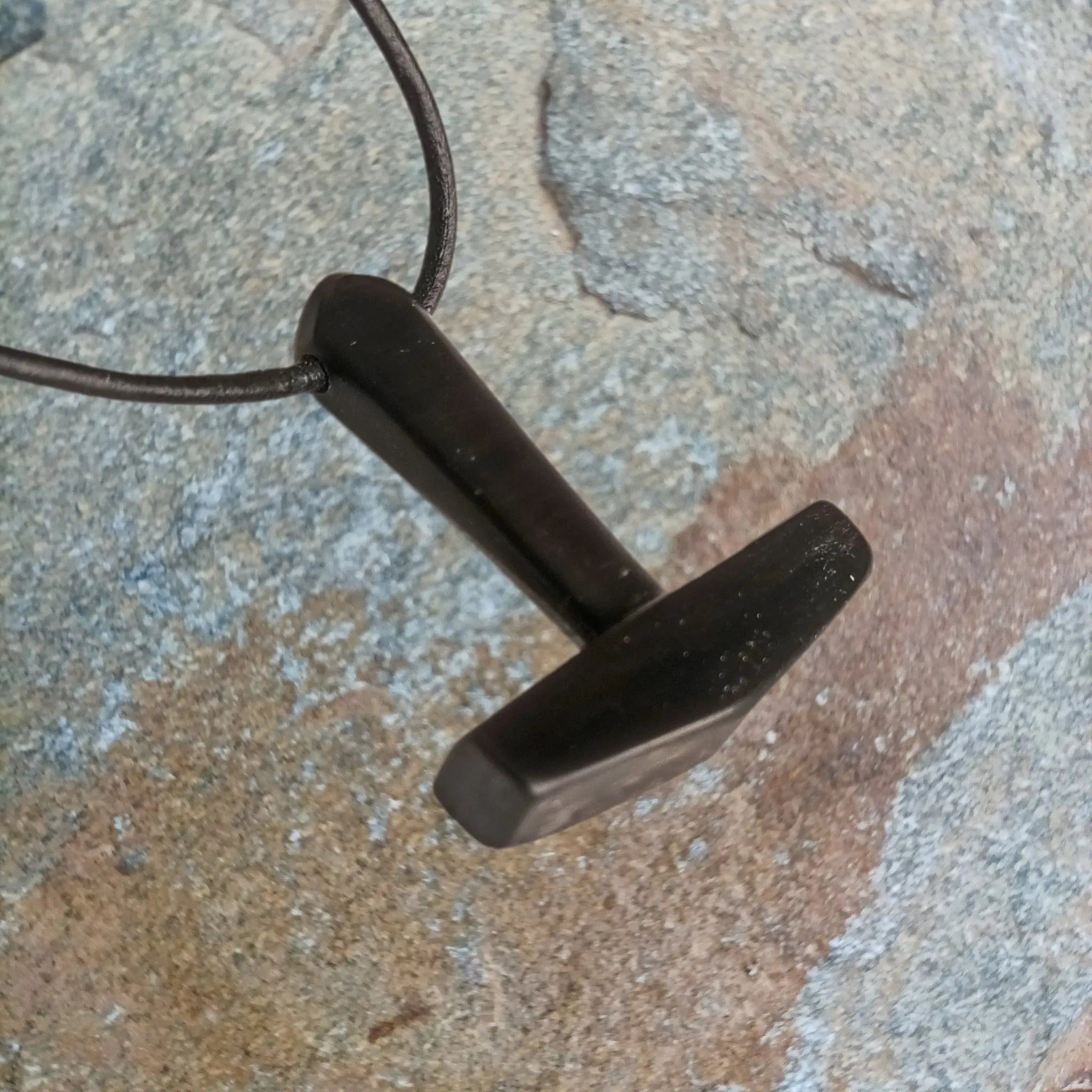 Large Black Horn Thors Hammer Pendant on Leather Cord - Angle View