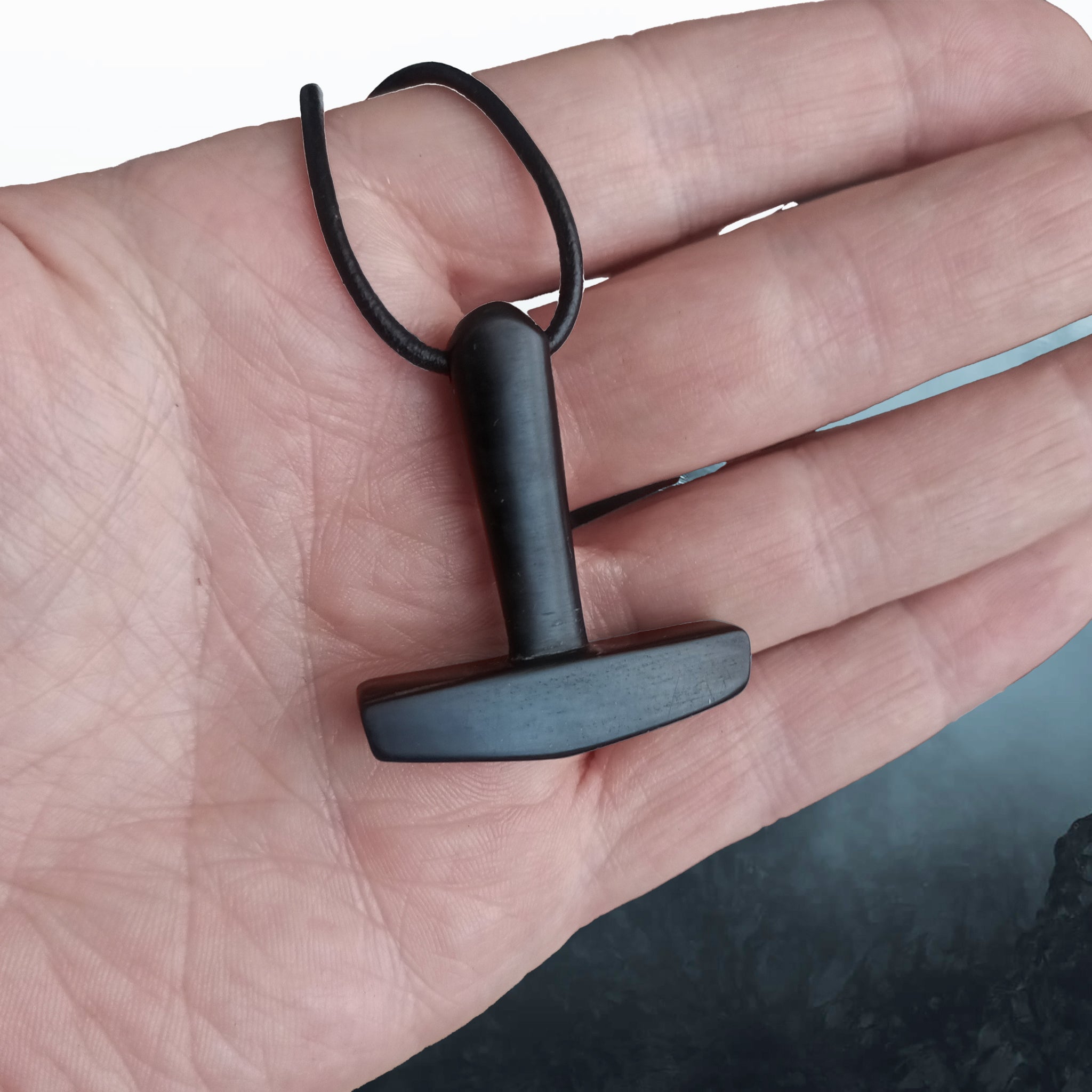 Large Black Horn Thors Hammer Pendant on Leather Cord - On Hand