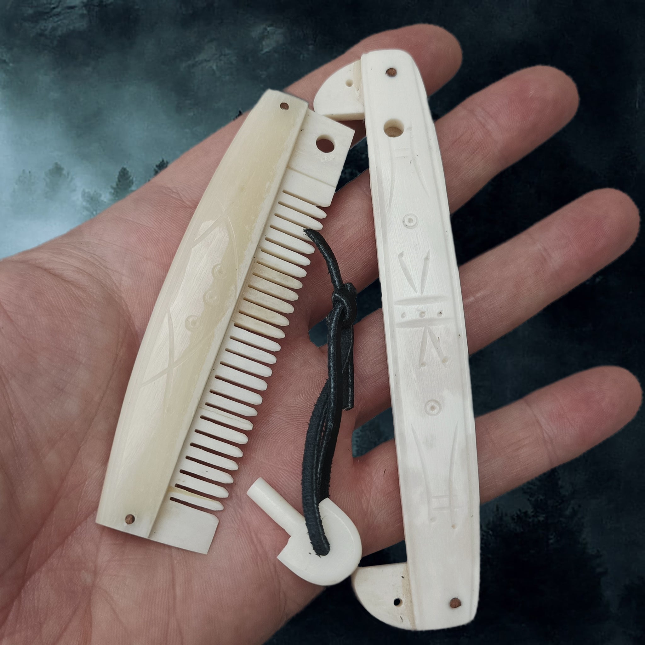 Encased Bone Viking Comb with Markings on Hand - Open