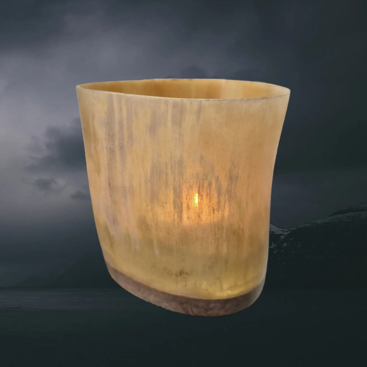 Handmade Cow Horn Viking Style Tealight Holder with Wood Base with Tealight Inside