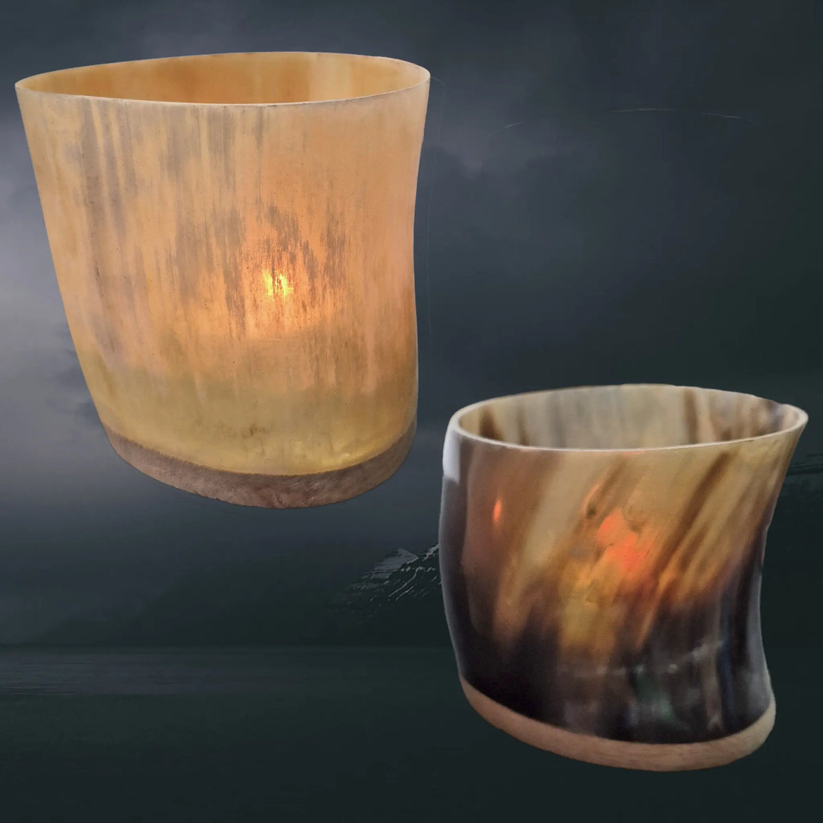 Handmade Cow Horn Viking Style Tealight Holders with Wood Base with Tealights Inside