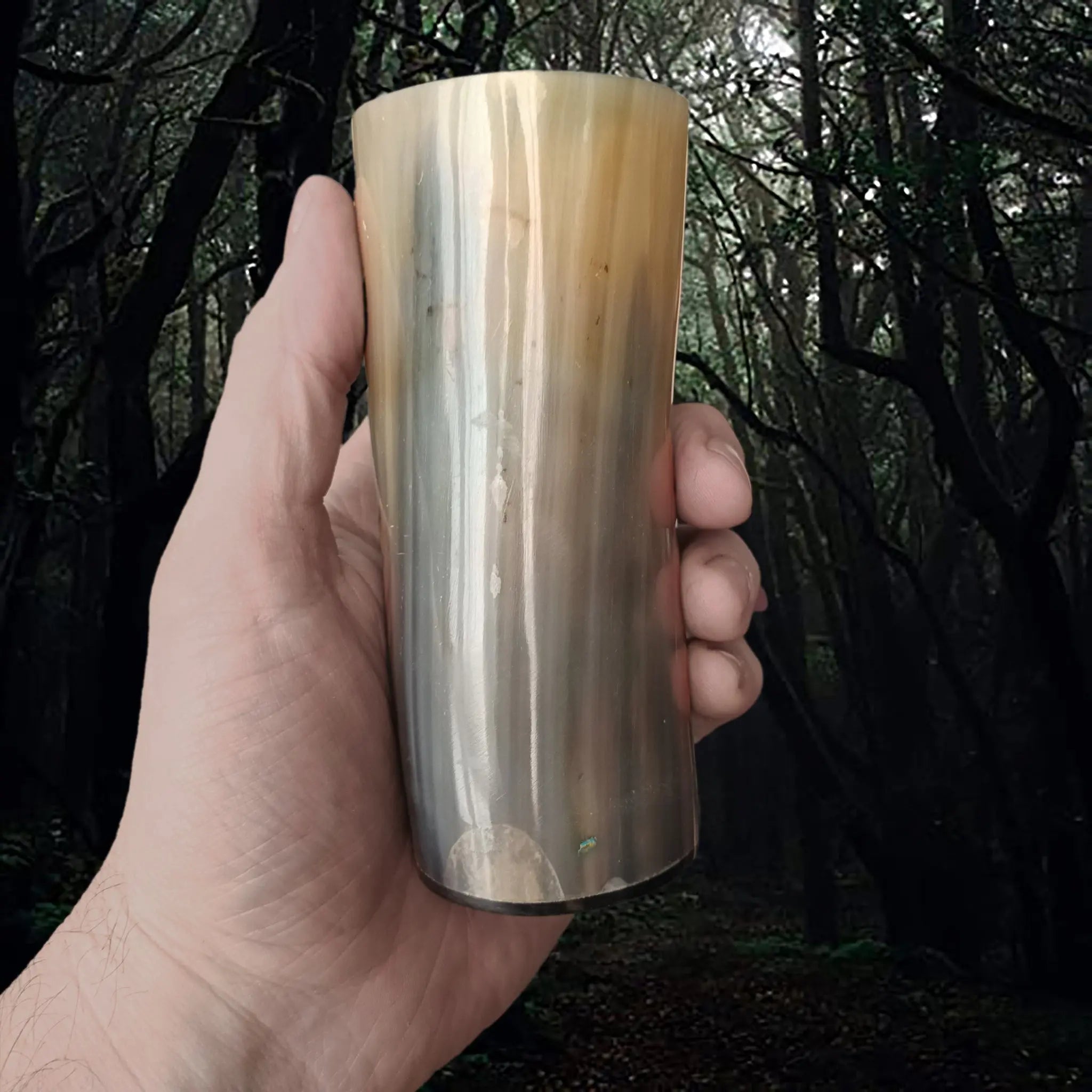 Polished Horn Beer / Wine / Mead Cup with Sealed Resin Base in Hand - Pale Slim Shape
