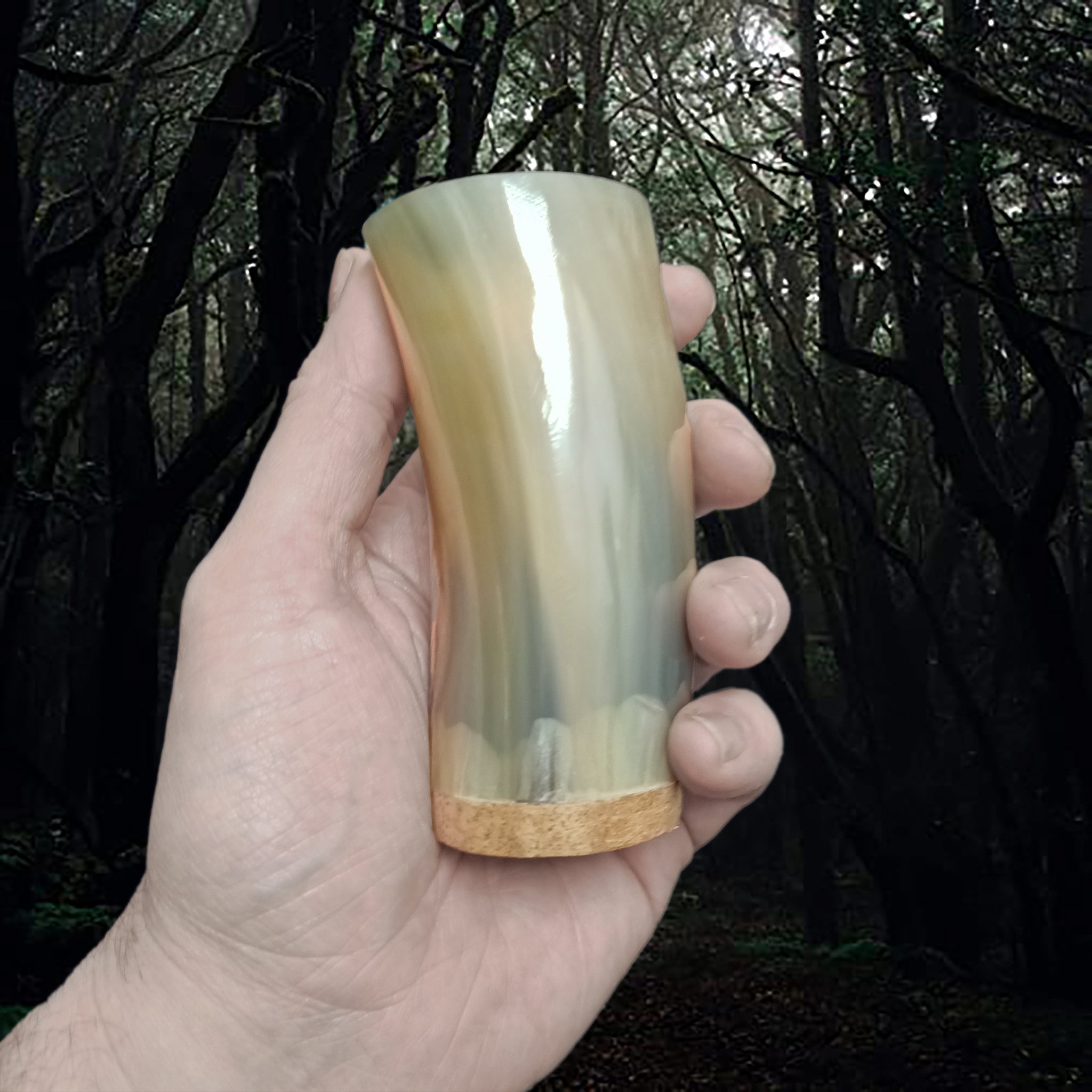 Handmade Polished Cow Horn Mead Cup with Hardwood Base in Hand - Slim Beige