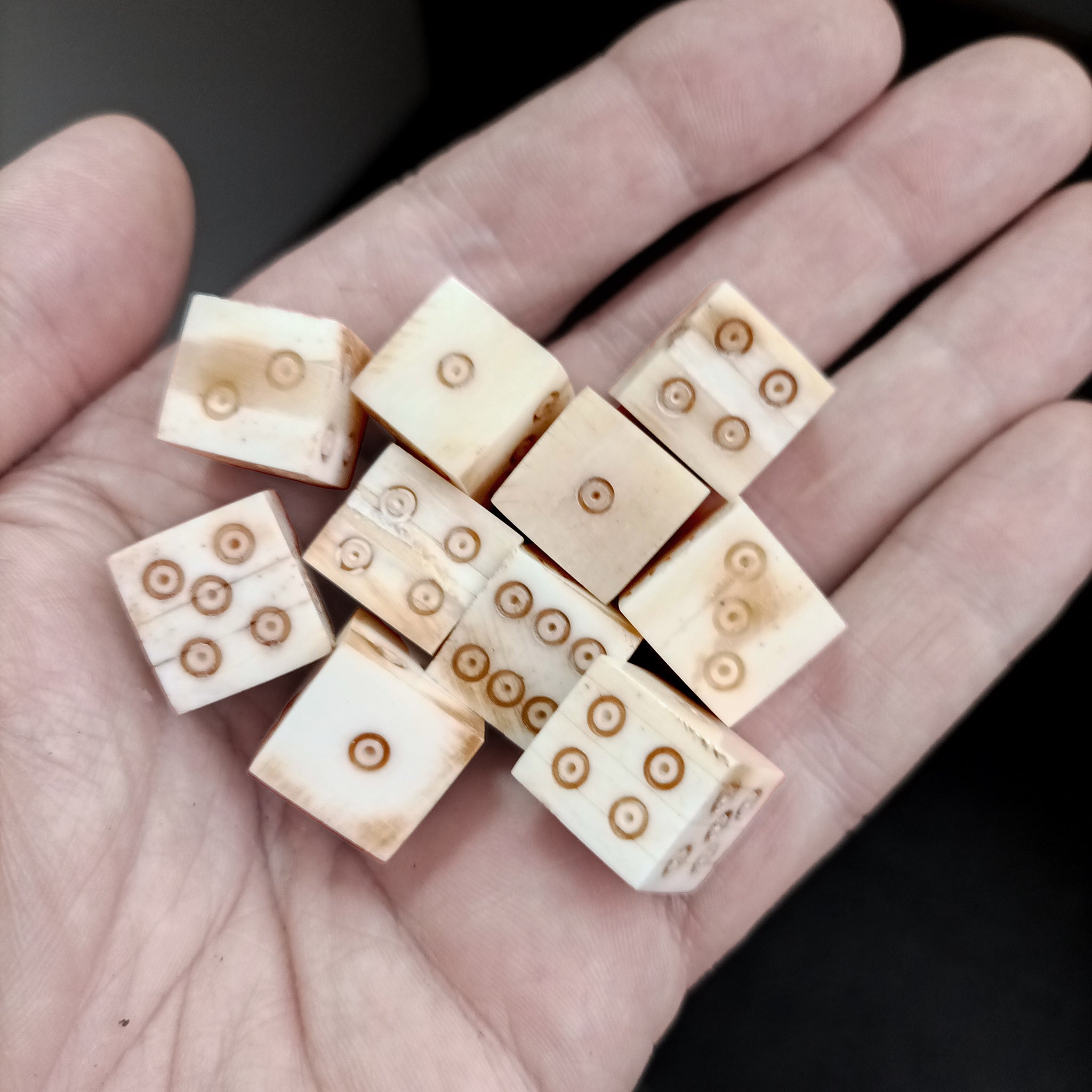 Large Bone Dice With Brown Dot and Rings Marks x 10 On Hand