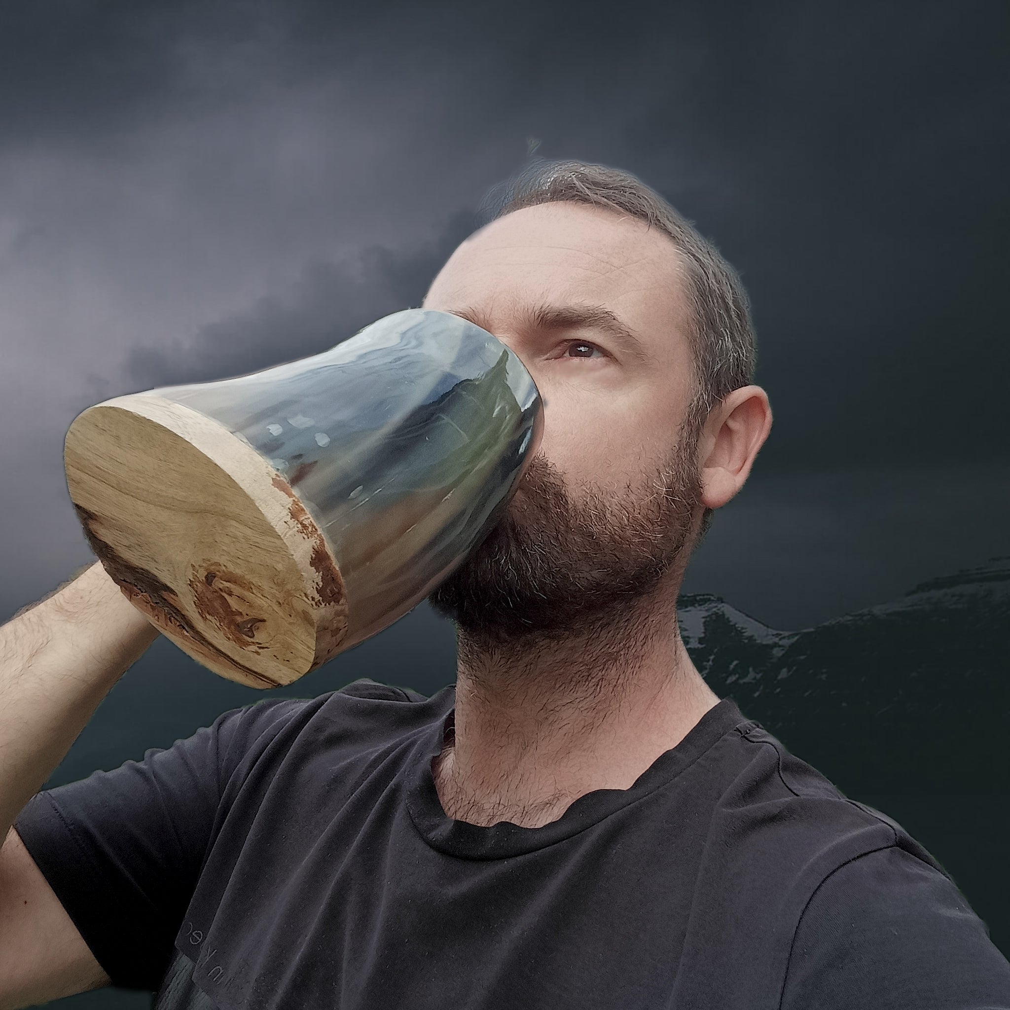 Drinking from a Large Polished Ox Horn Beer Mug