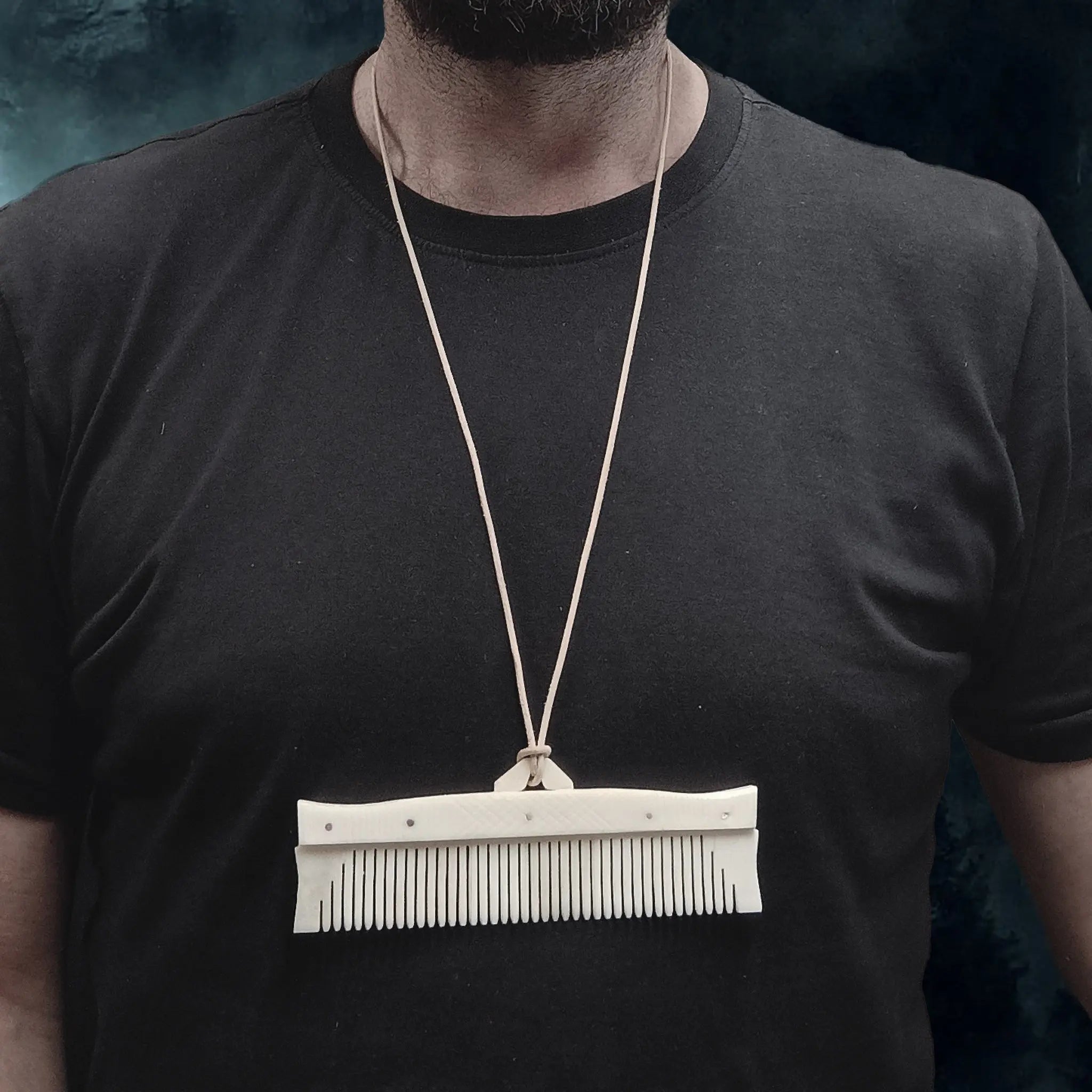 Long Decorated Bone Viking Comb with Hanger Attachd to Leather Thong and Hung Around Neck