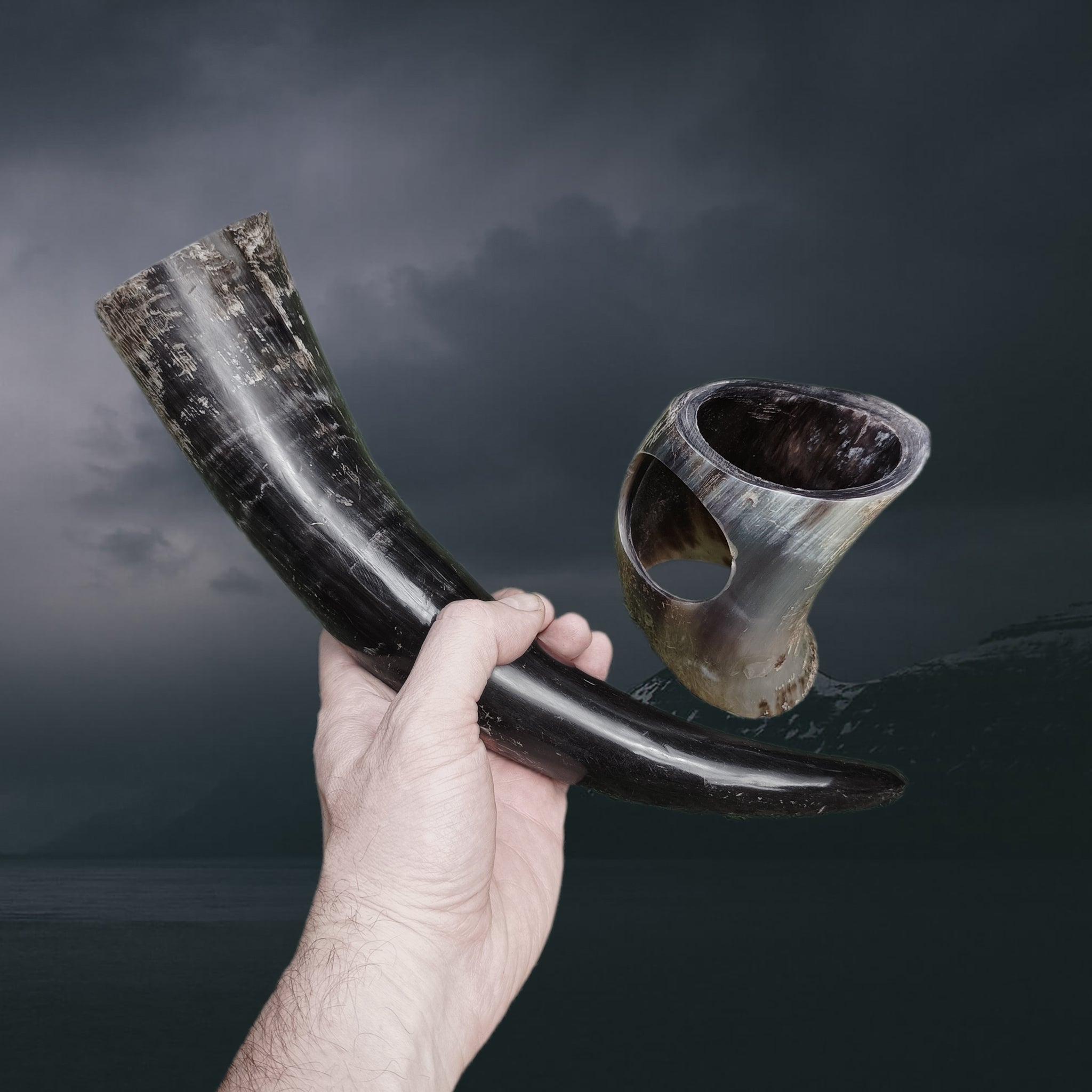 Small Ox Horn Viking Drinking Horn in Hand with Fitted Horn Stand.