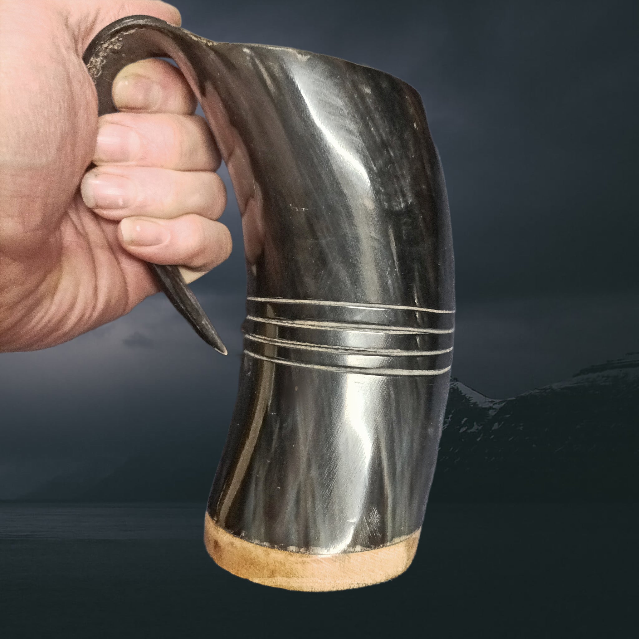Polished & Treated Ox Horn Beer Mug with Hardwood Base & Ridge design - Medium Size in Hand