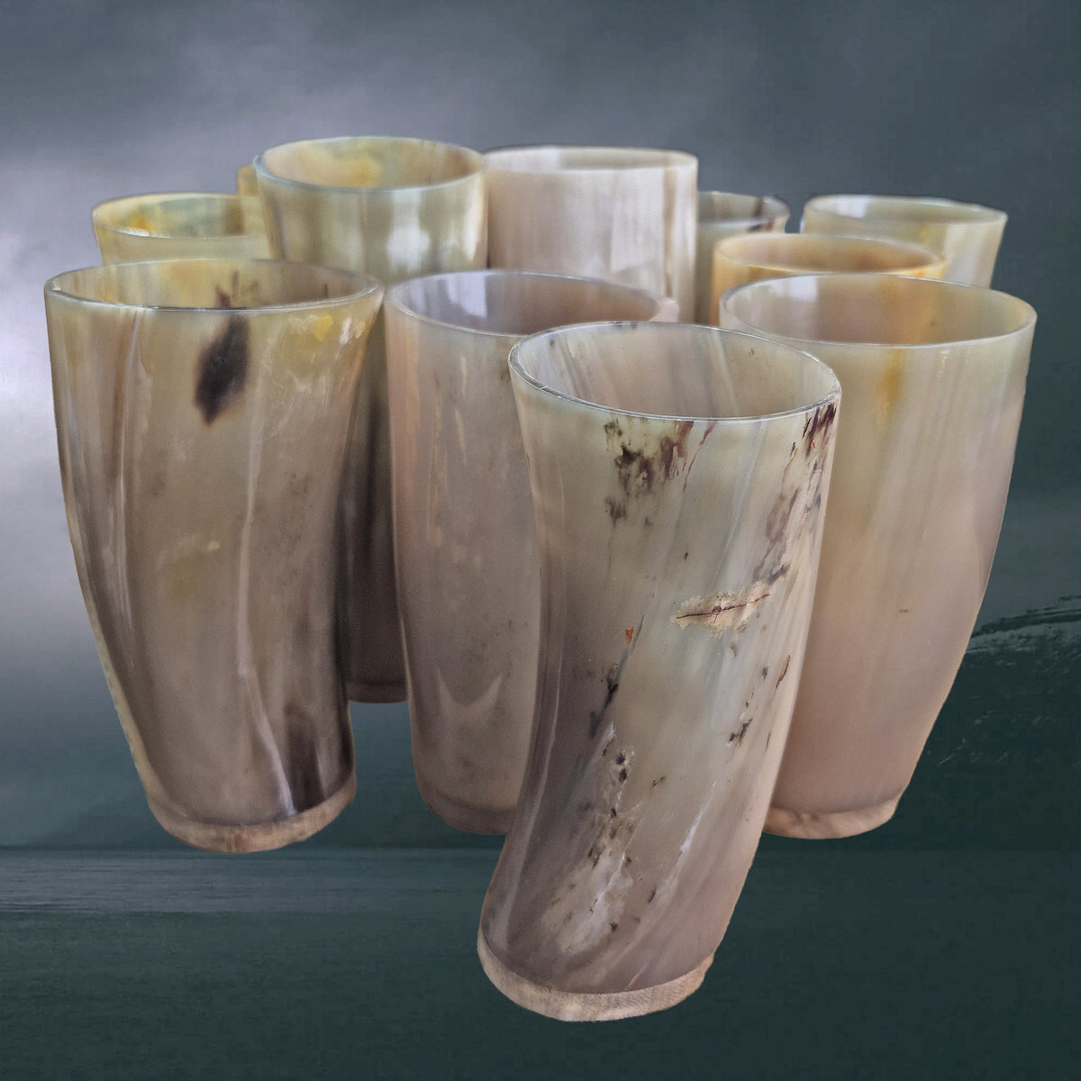 Handmade Polished Ox Horn Beer Beakers with Wood Base - Thinner Examples