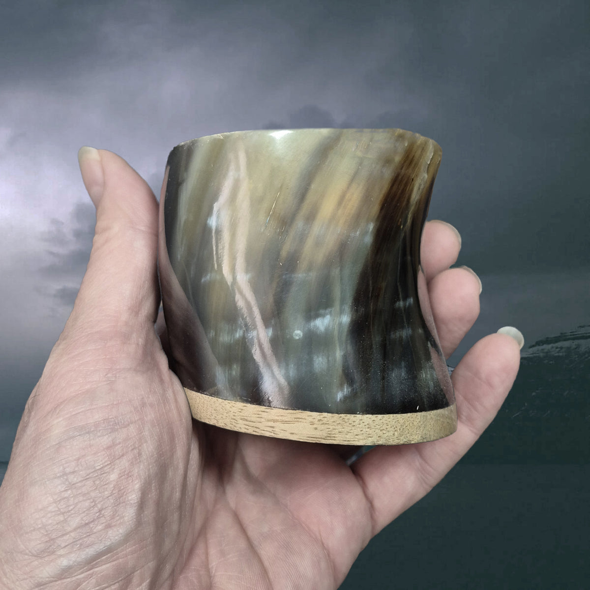 Handmade Cow Horn Viking Style Tealight Holder with Wood Base